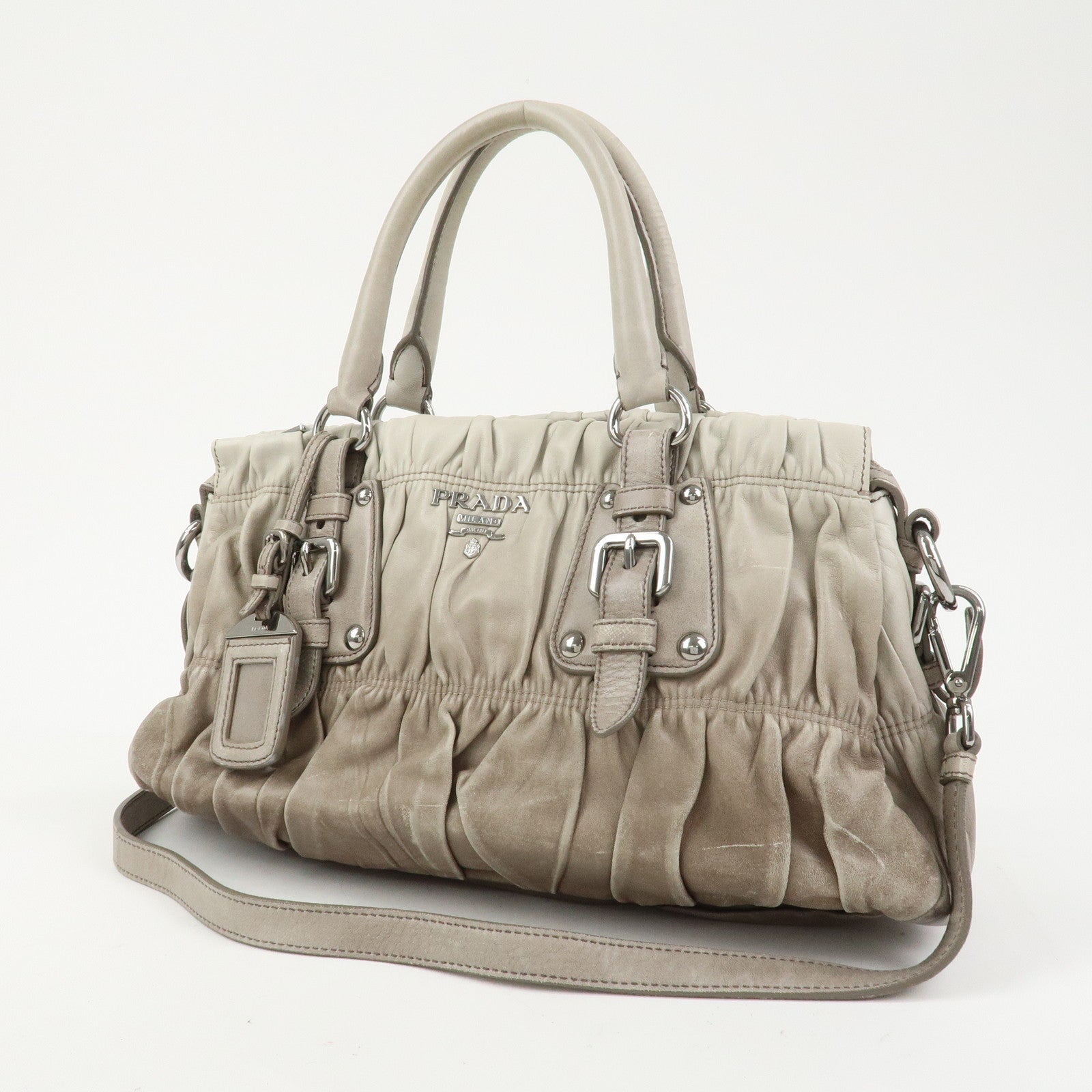 PRADA Leather Gathered 2Way Bag Hand Bag Shoulder Bag Gray BN1407