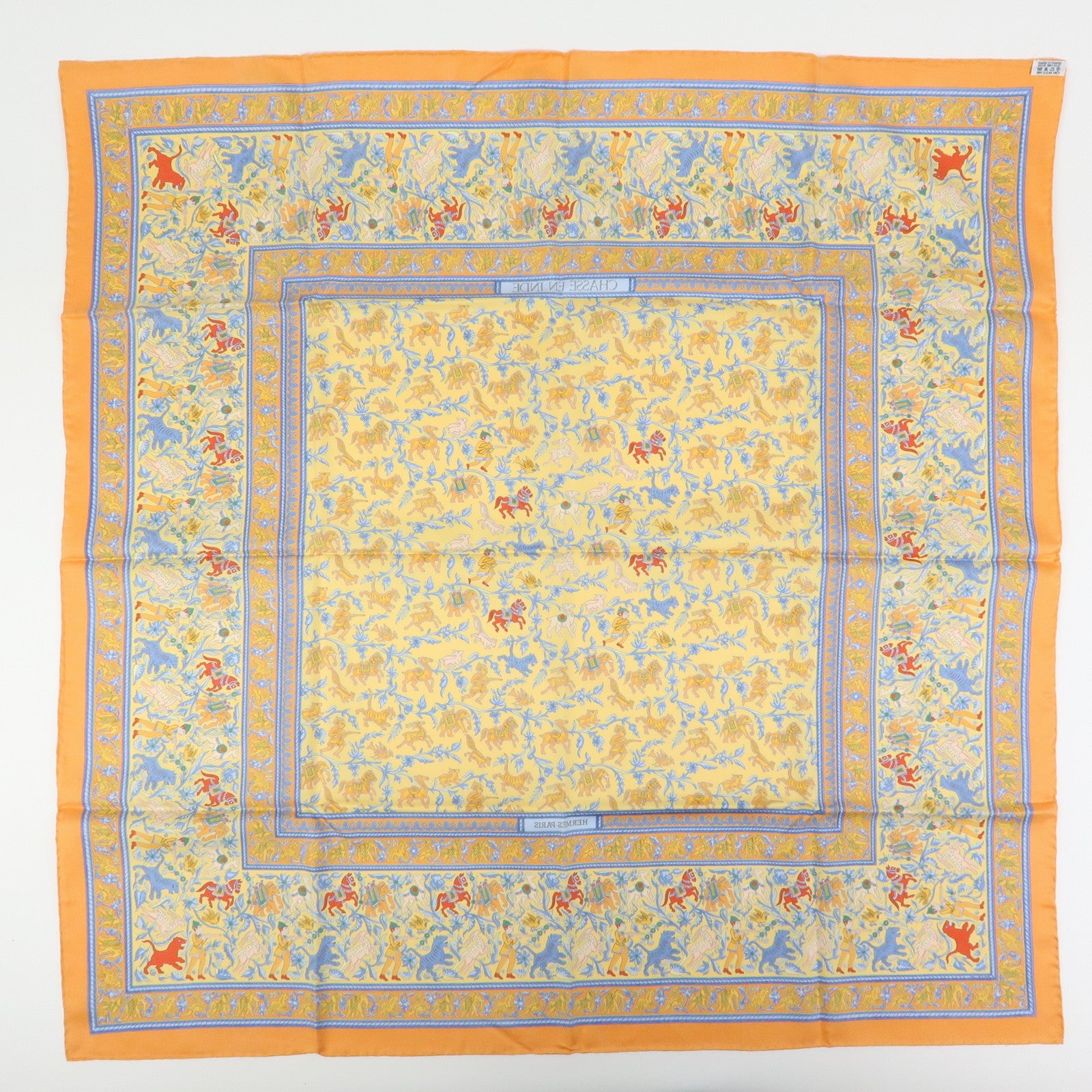 HERMES Carre 90 Silk 100% Scarf CHASSE EN INDE Orange Multicolor