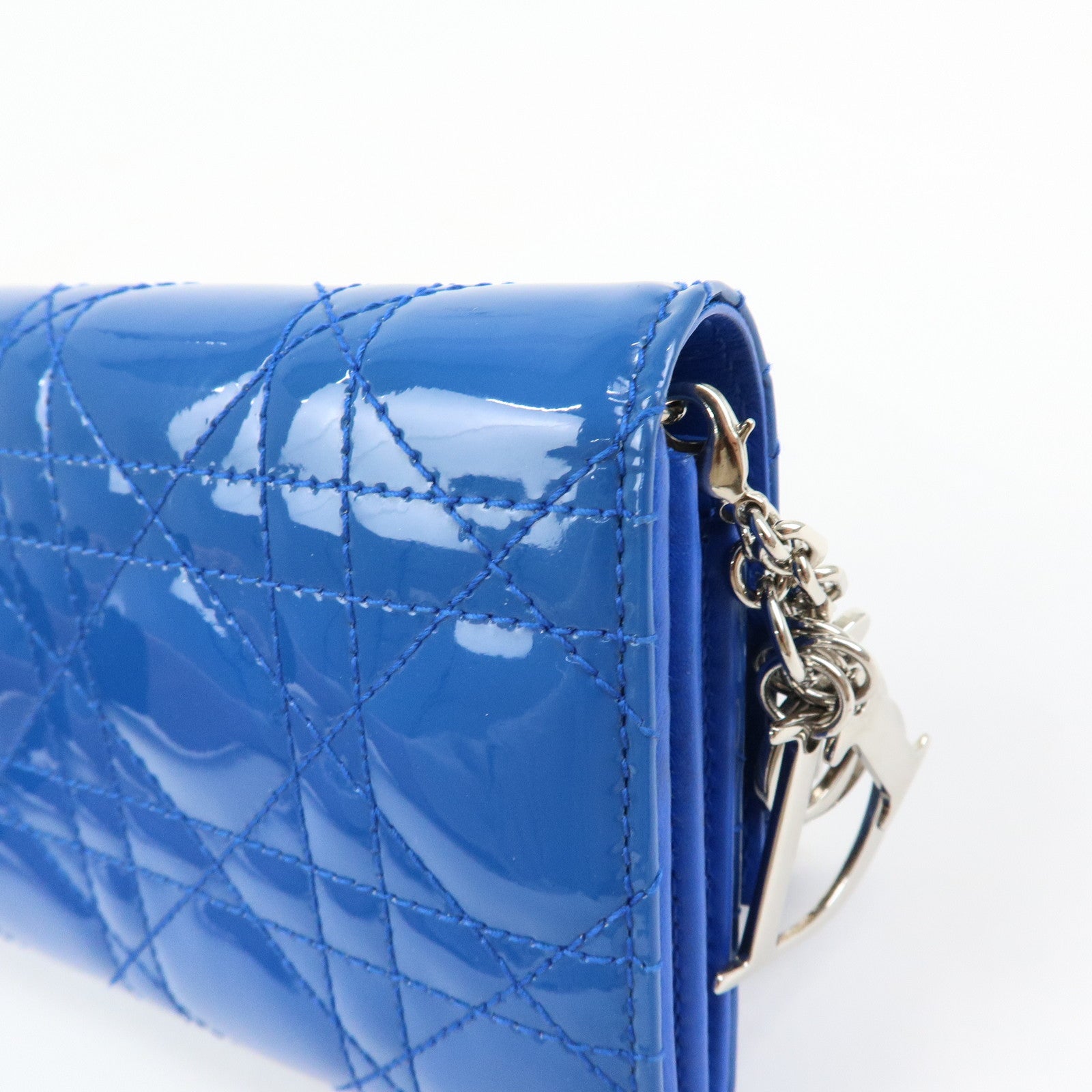 Christian Dior Cannage Patent Leather Chain Wallet WOC Blue Silver