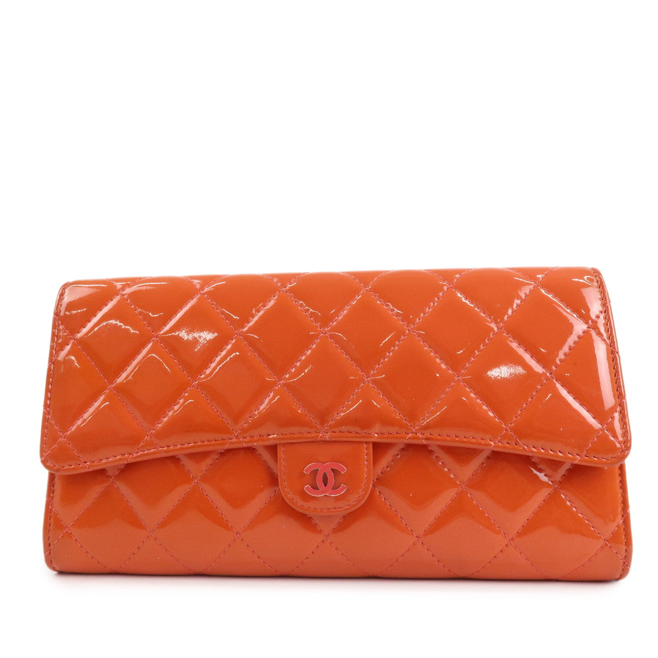 CHANEL Matelasse Patent Leather Long Wallet Card Case Pouch Orange Used