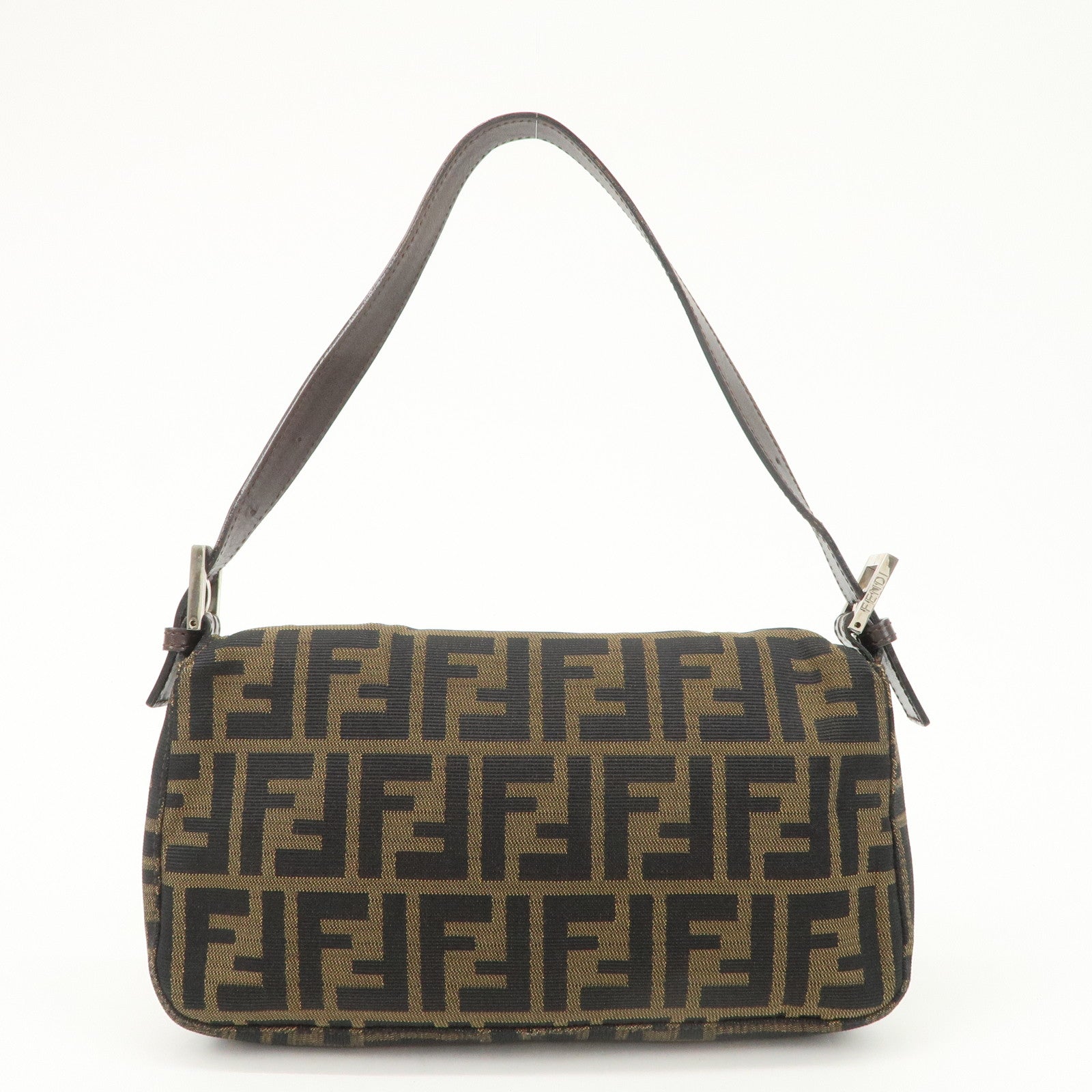 FENDI Mamma Baguette Zucca Canvas Leather Shoulder Bag Black Brown 26424