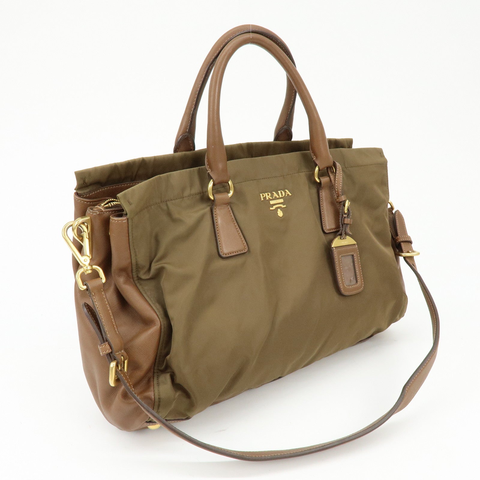 PRADA Triangle Logo Nylon Saffiano Leather 2Way Bag Khaki Brown