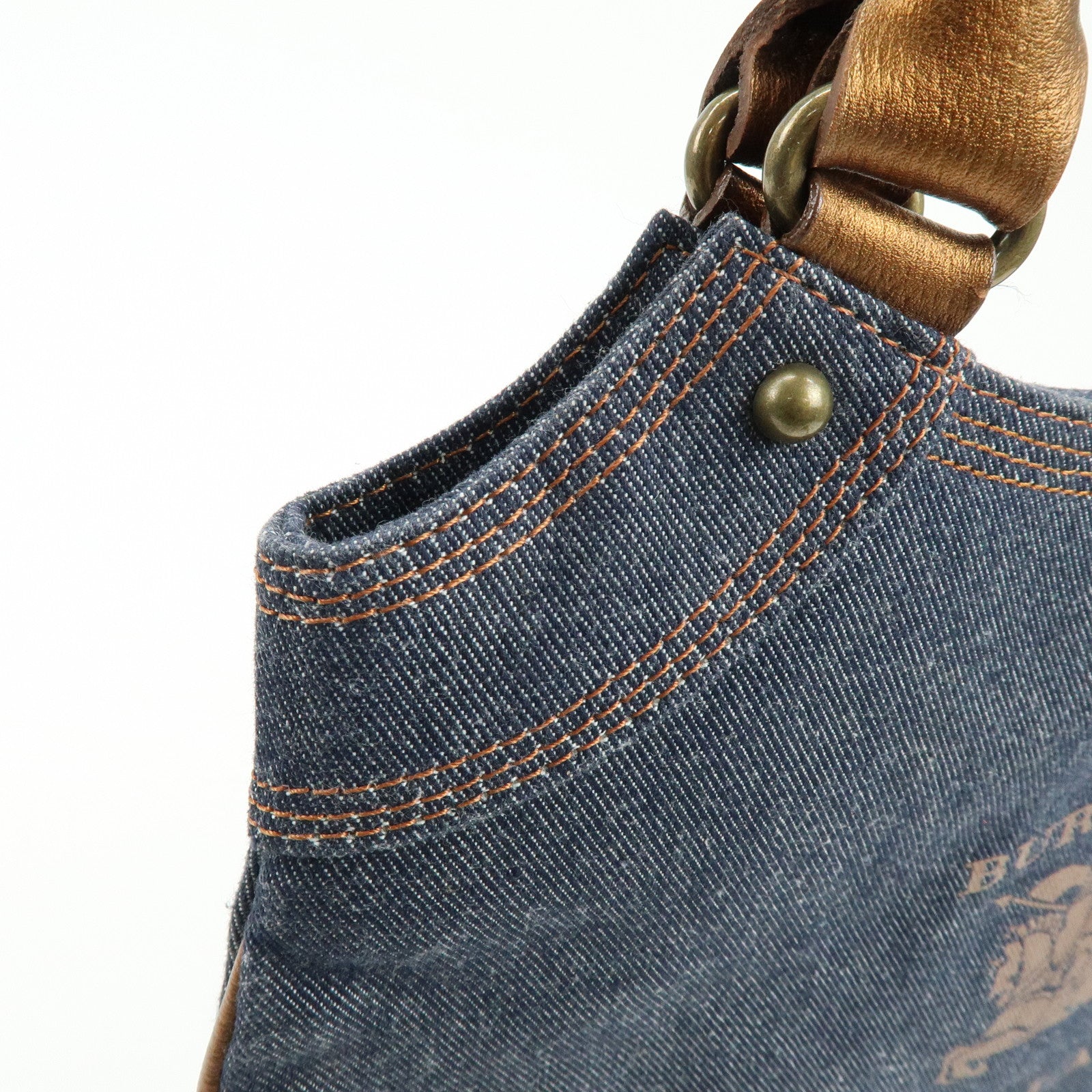 BURBERRY Blue Label Denim Leather Tote Bag Indigo Metallic Brown