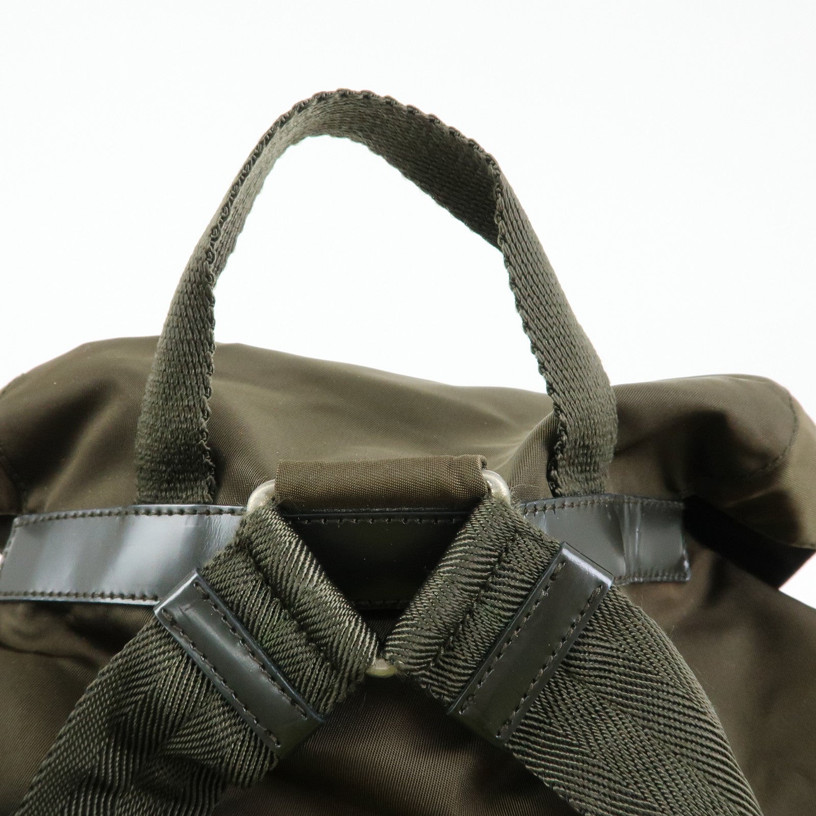 PRADA Triangle Logo Nylon Leather Backpack Rucksack Khaki B6677