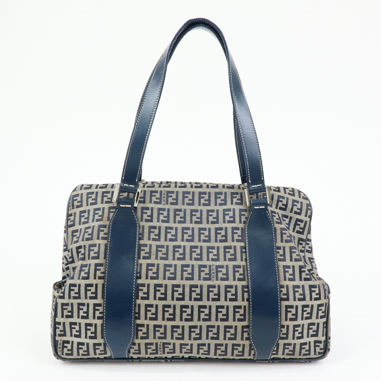 FENDI Zucchino Canvas Leather Tote Bag Shoulder Bag Boston Bag Navy