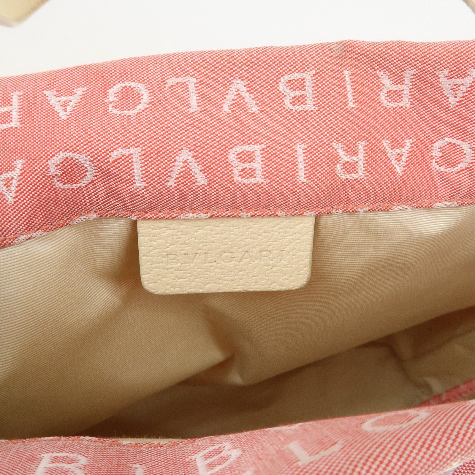BVLGARI Logo Mania Canvas Leather Hand Bag Tote Bag Pink Ivory