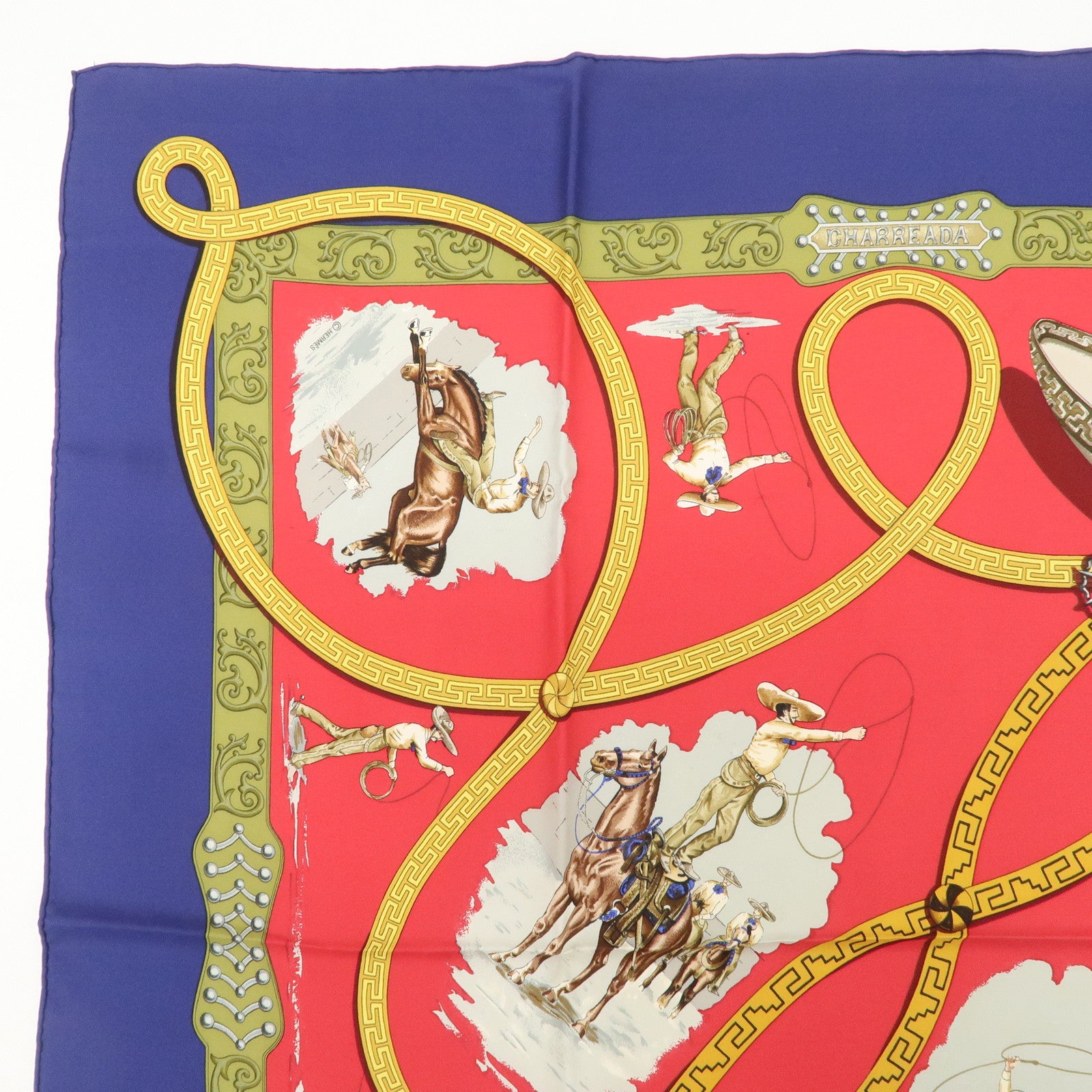 HERMES Carre 90 Silk 100% Scarf CHARREADA Gold Navy Red