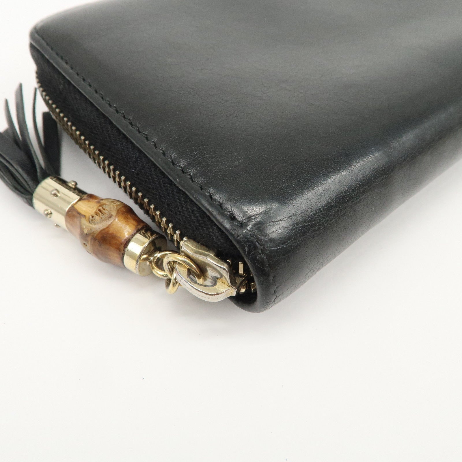 GUCCI Bamboo Logo Leather Round Zippy Wallet Black 224253