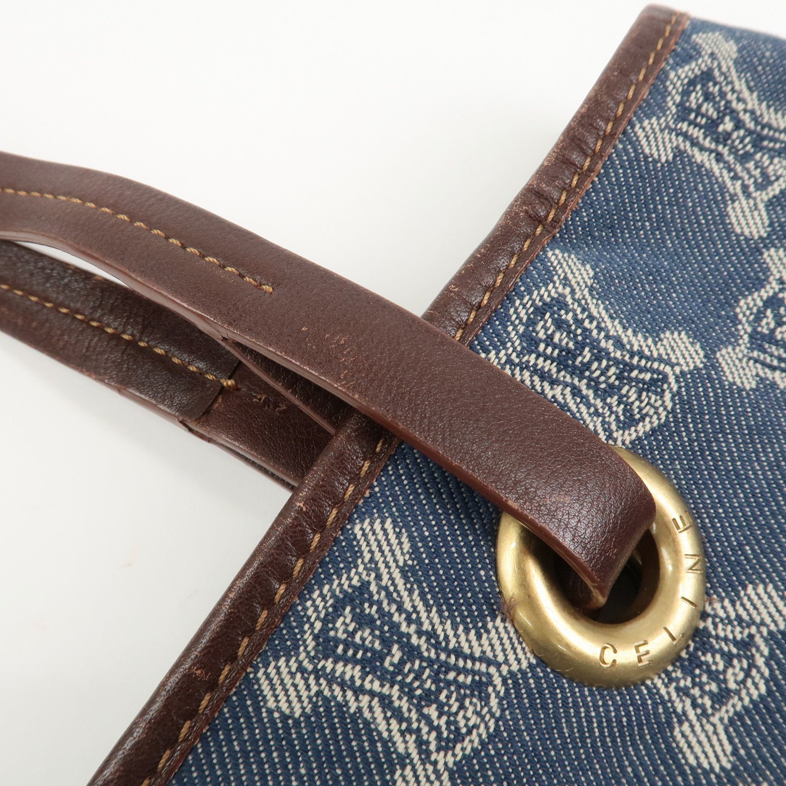 CELINE Macadam Denim Leather Tote Bag Shoulder Bag Blue Brown