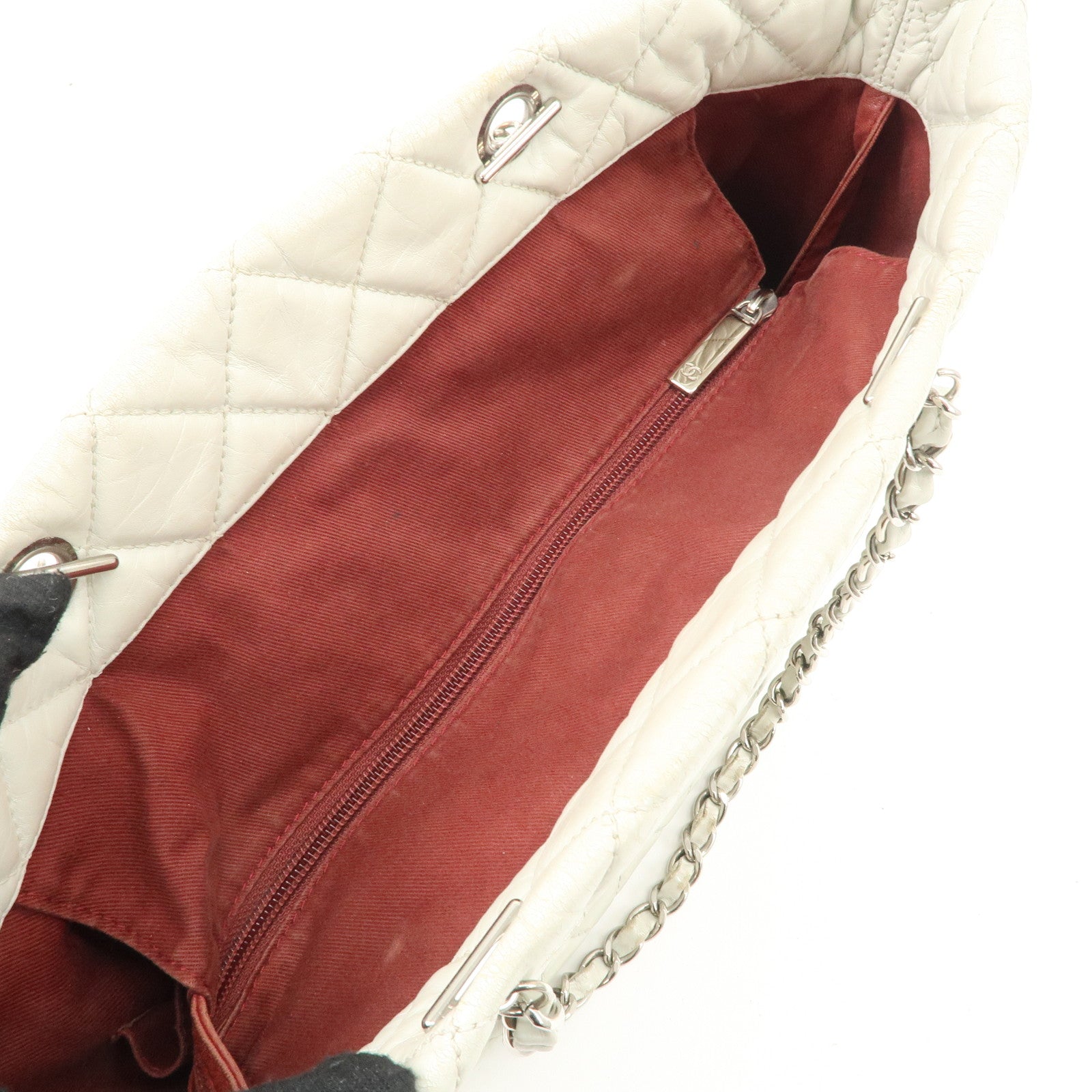 CHANEL Cambon Line Cotton Club Lamb Skin Shoulder Bag Hand Bag White A34318 Used