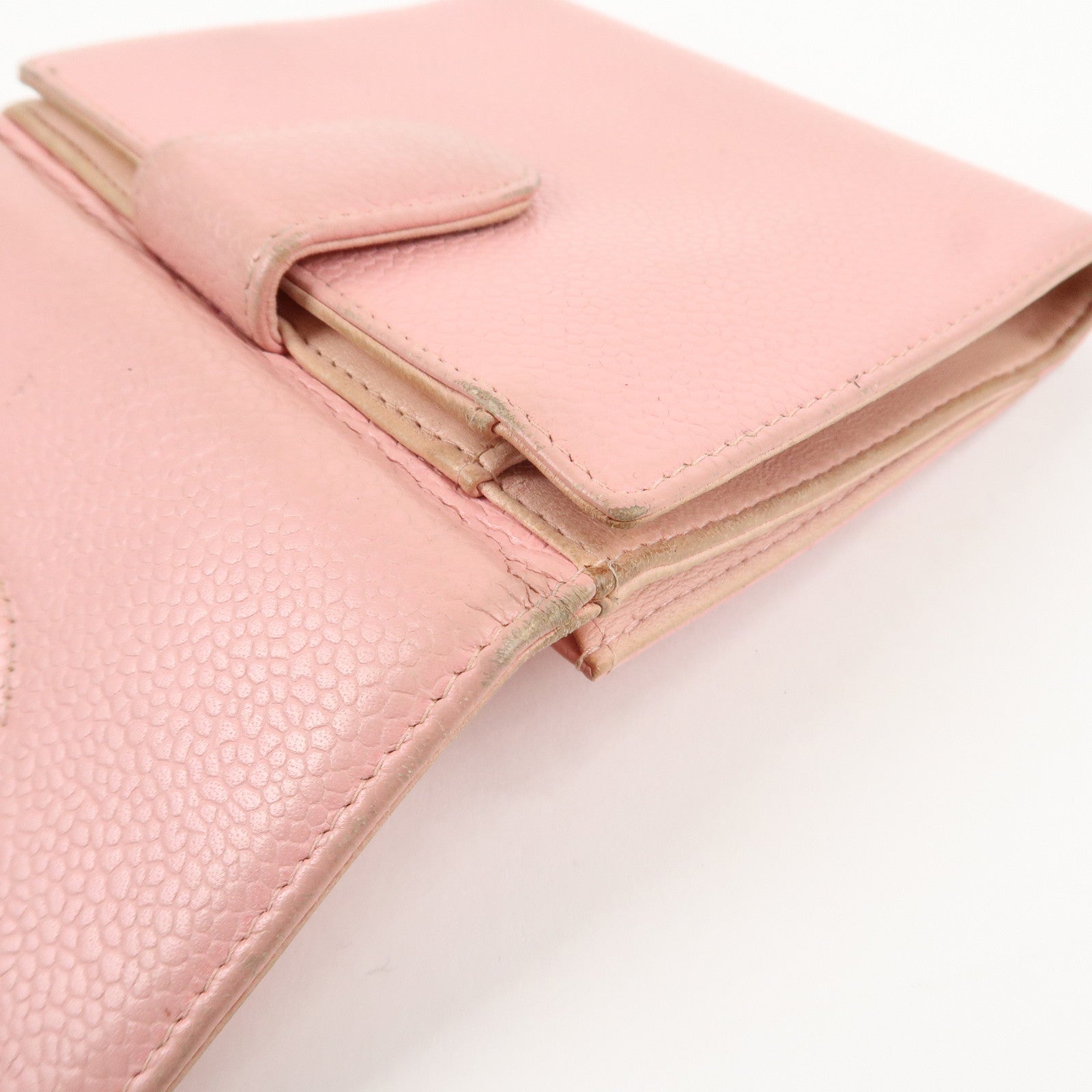 CHANEL COCO Mark Caviarskin Double Hook Wallet Pink A13496 Used