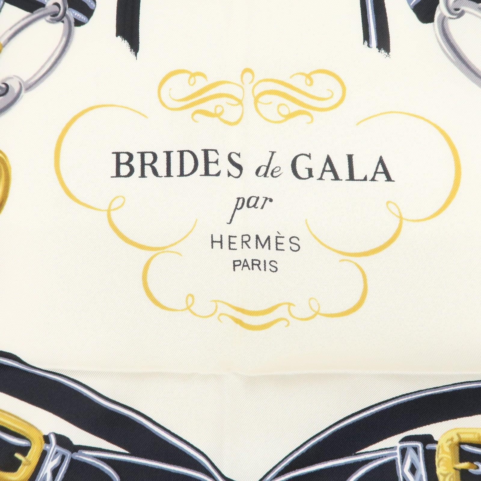 HERMES Carre 90 Silk 100% BRIDES DE GALA Scarf Black Gold