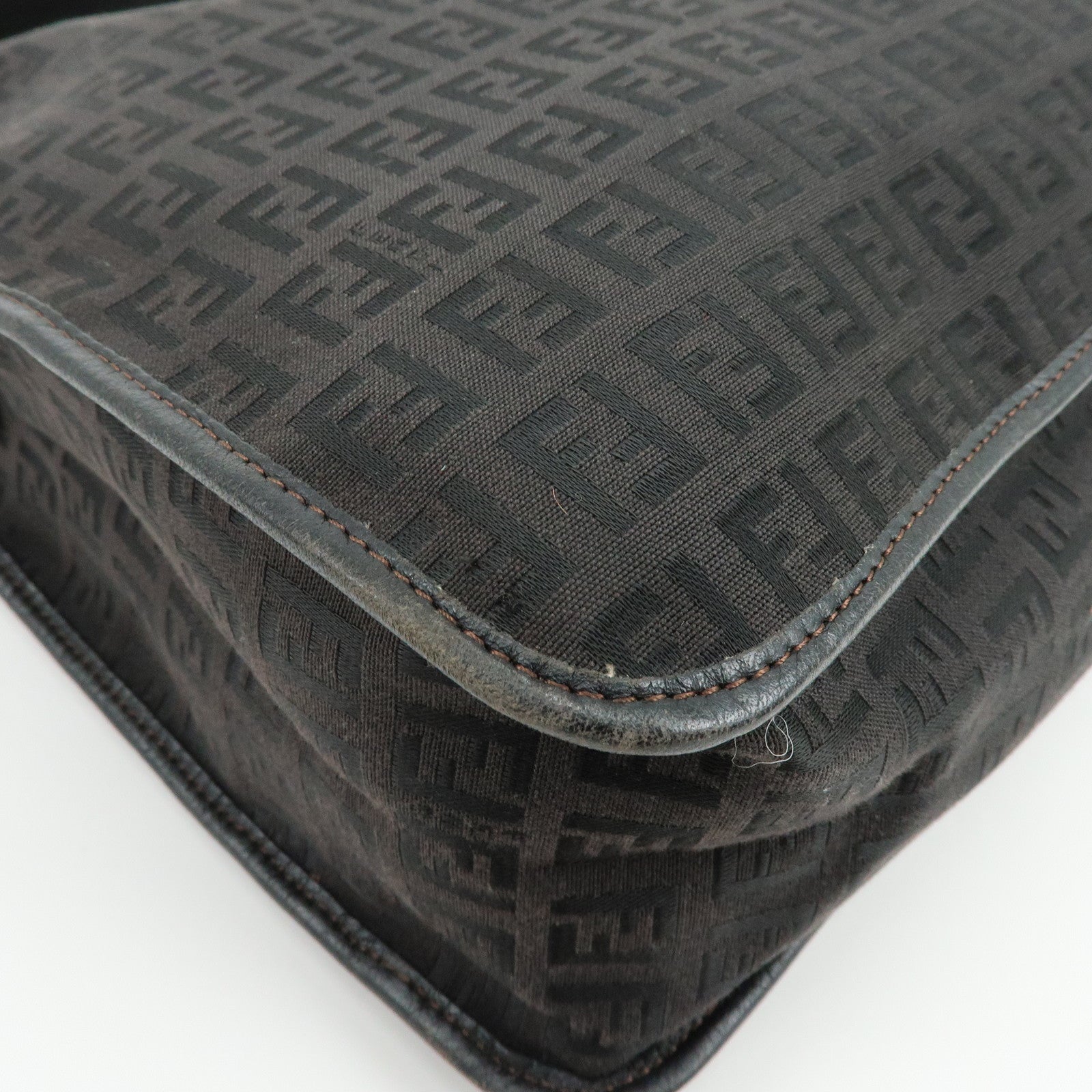 FENDI Zucchino Canvas Leather Shoulder Bag Dark Brown 8BT090