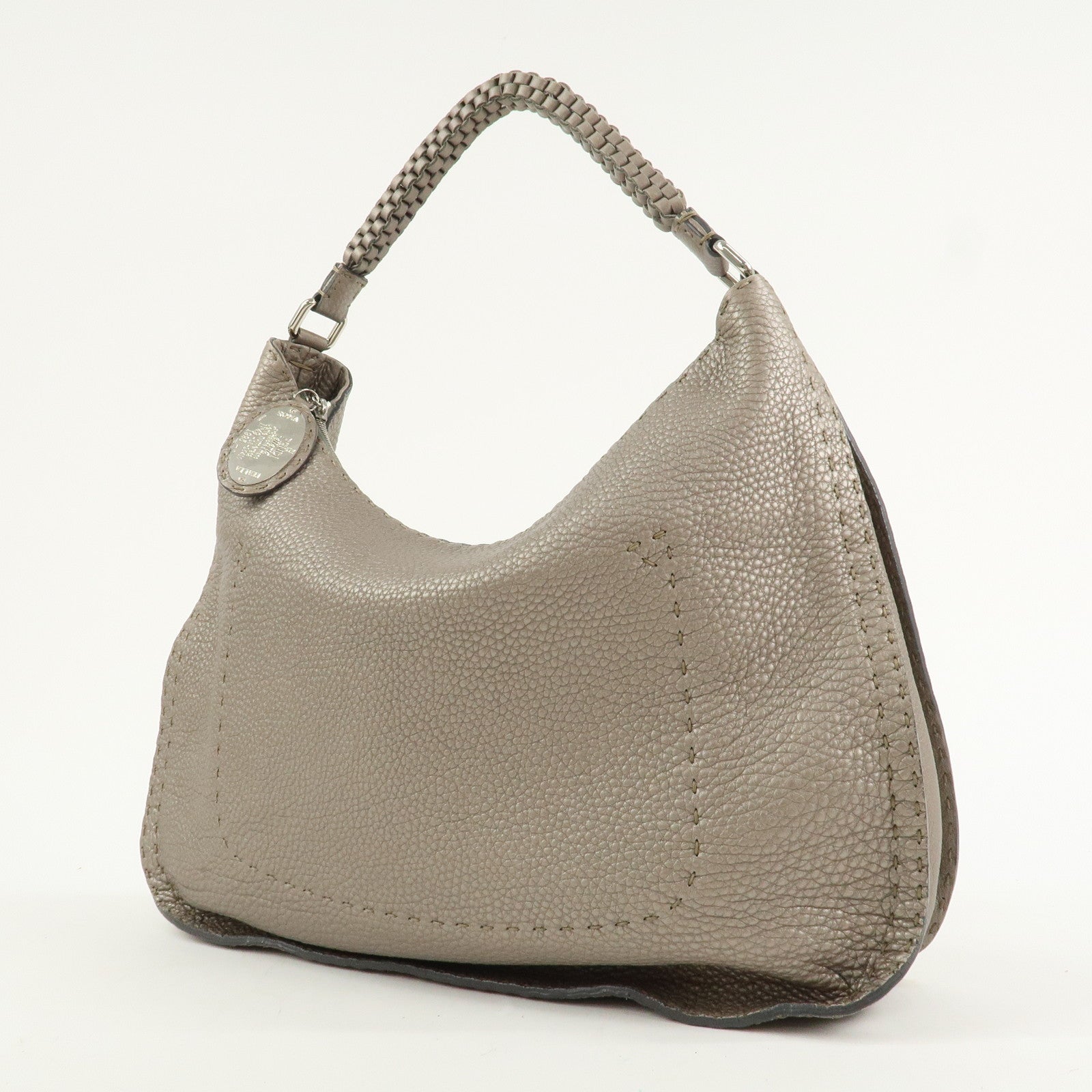 FENDI Selleria Leather Shoulder Bag Hand Bag Silver 8BR582