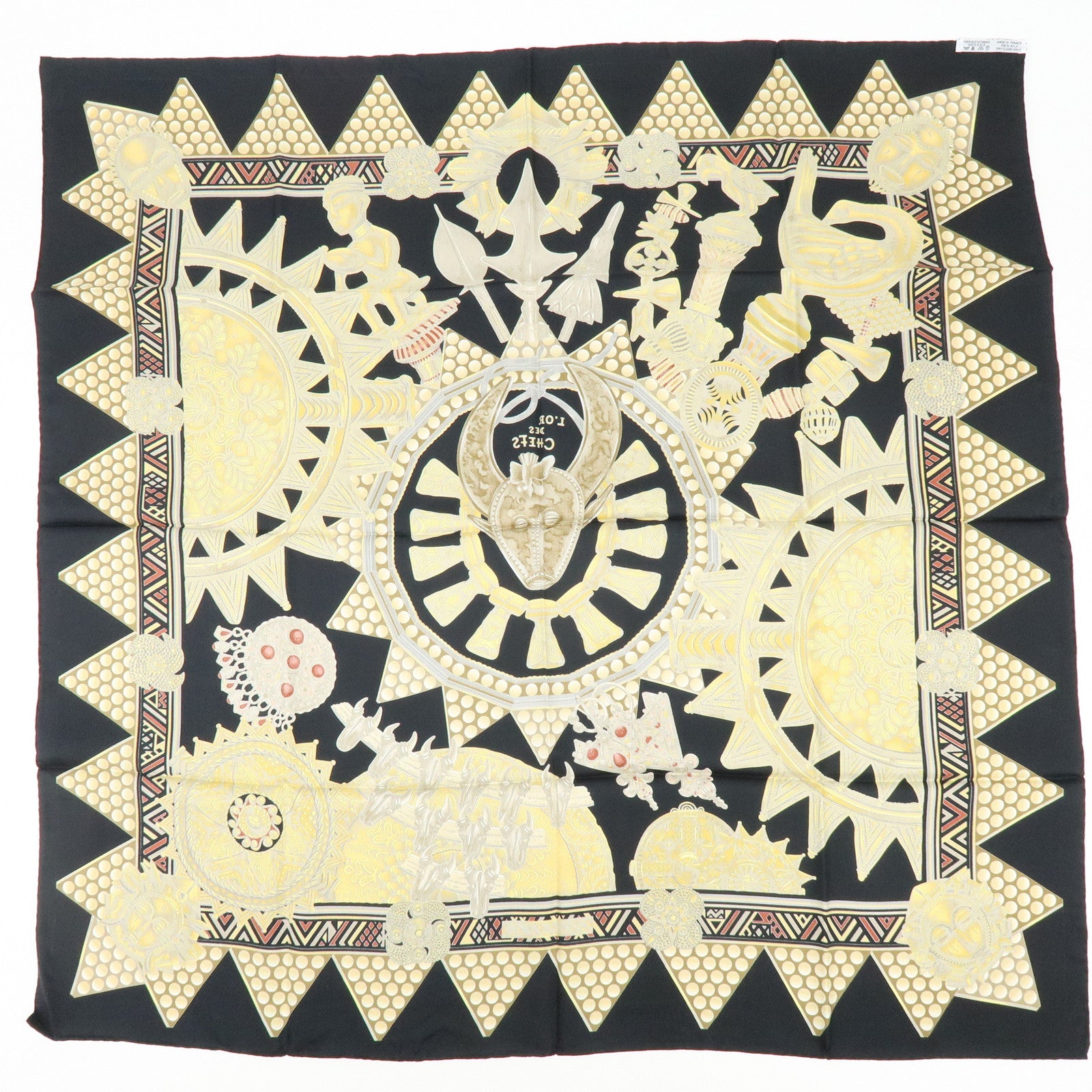 HERMES Carre 90 Silk 100% Scarf L'OR DES CHEFS Black Gold