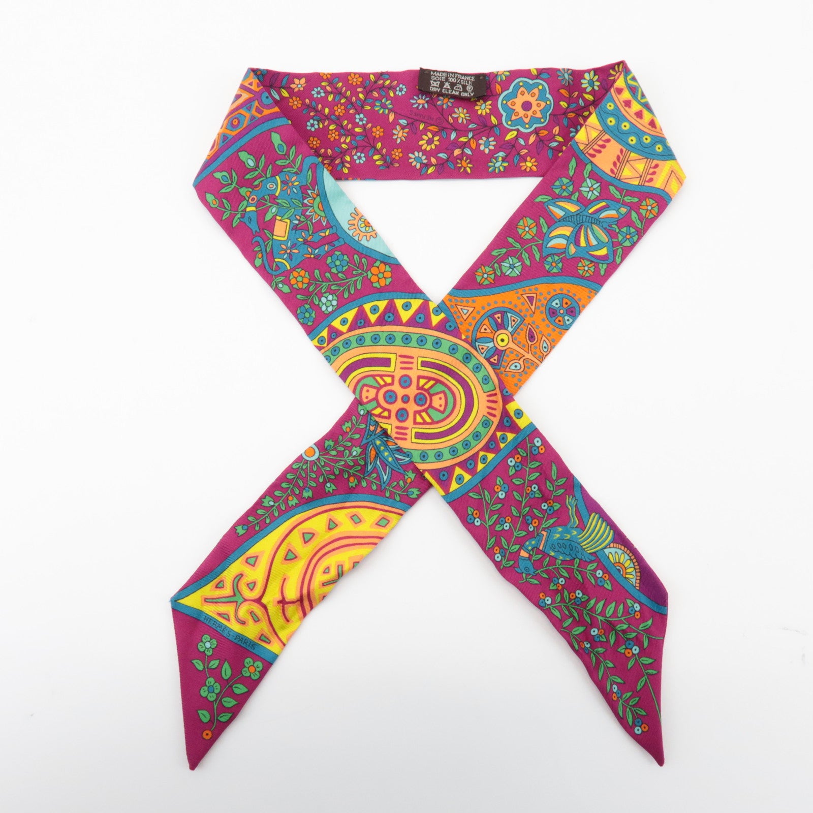 HERMES Twilly 100% Silk Scarf LARBRE DE VIE Flower Print Pink