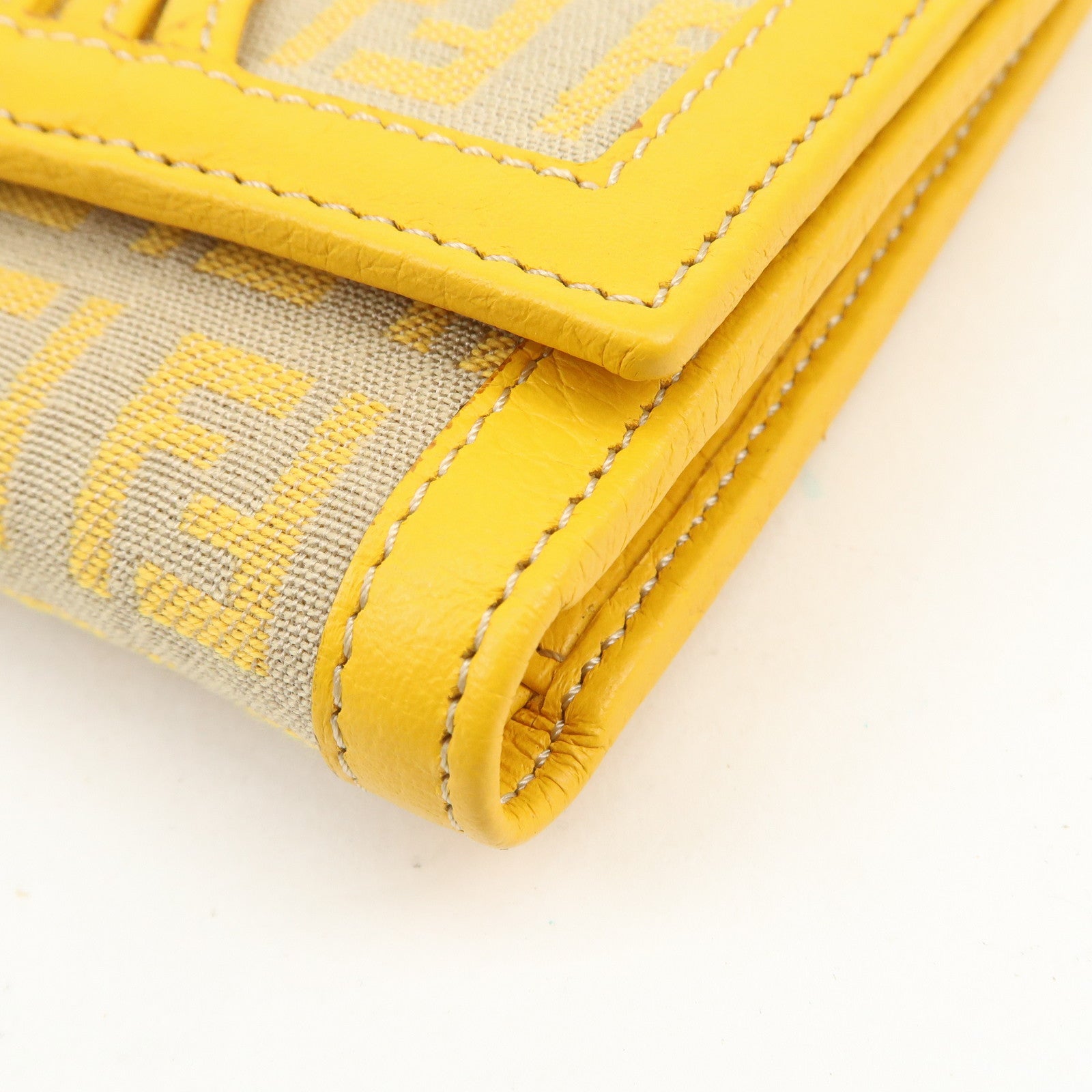 FENDI Zucchino Canvas Leather Tri-fold Compact Wallet Yellow 8M0177