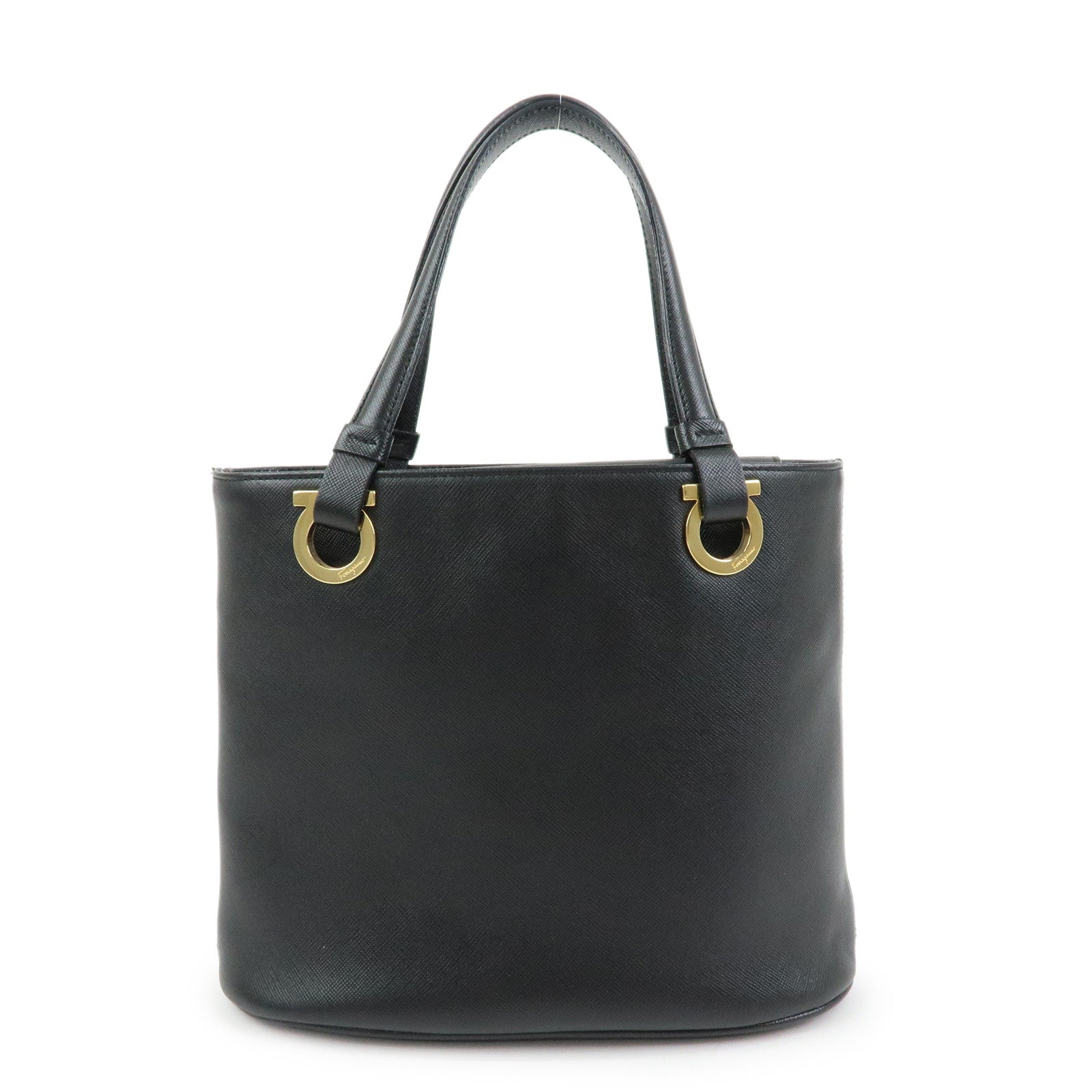 Ferragamo Gancini Leather Tote Bag Hand Bag Bucket Bag Black