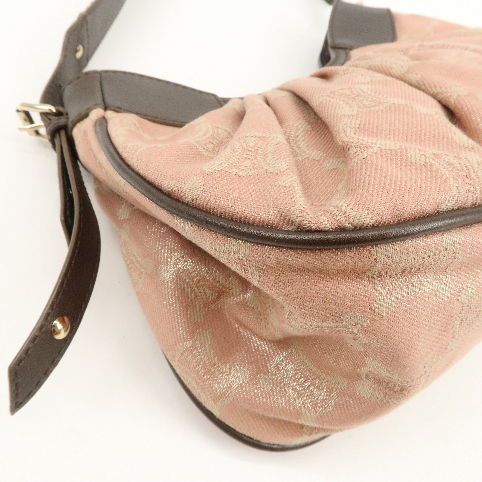 CELINE Macadam Canvas Leather Nylon Velour Shoulder Bag Pink Brown