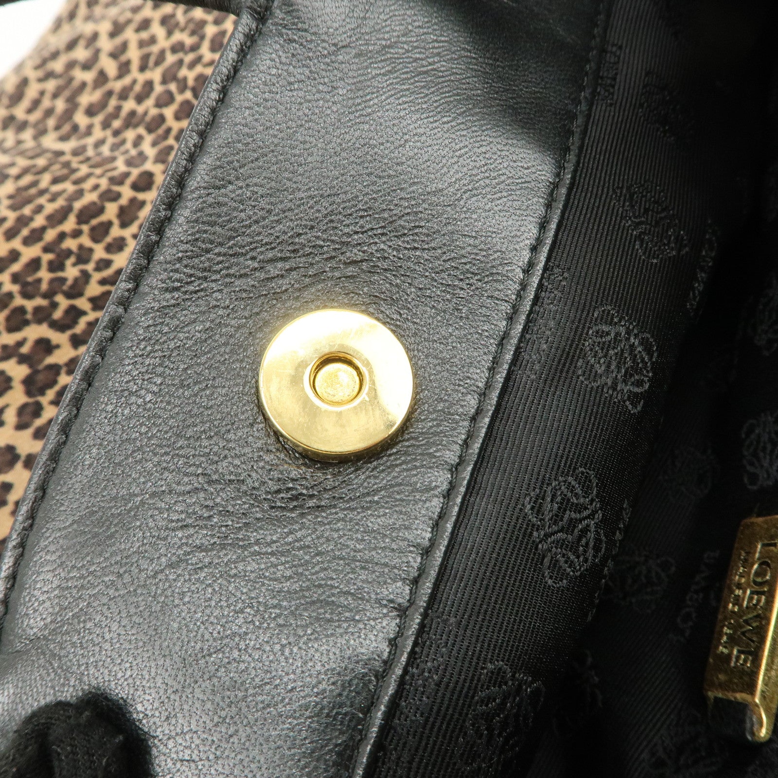 LOEWE Leather Tote Bag Hand Bag Leopard Brown Black Gold HDW Used