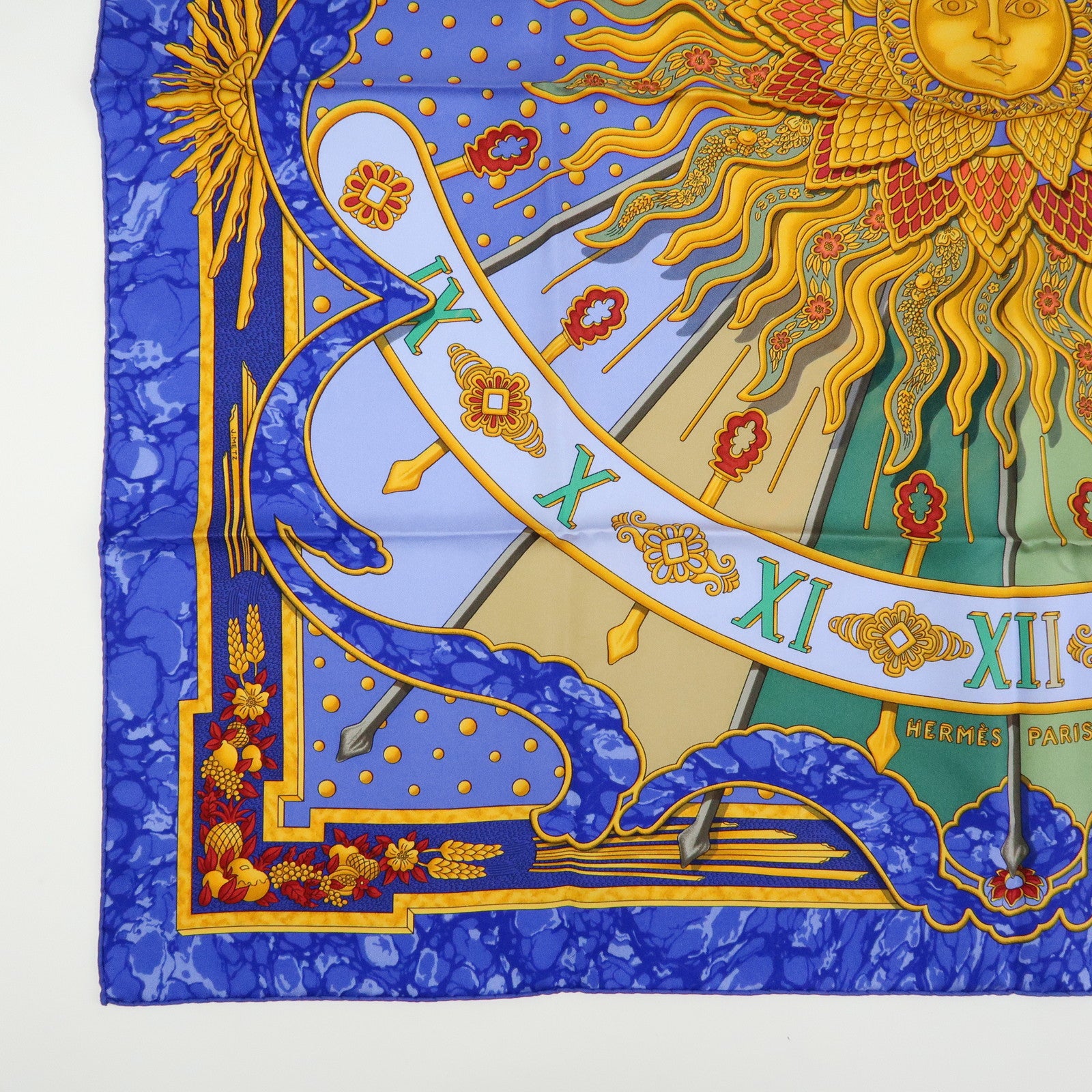 HERMES Carre 90 Silk 100% Scarf CARPE DIEM Blue Gold