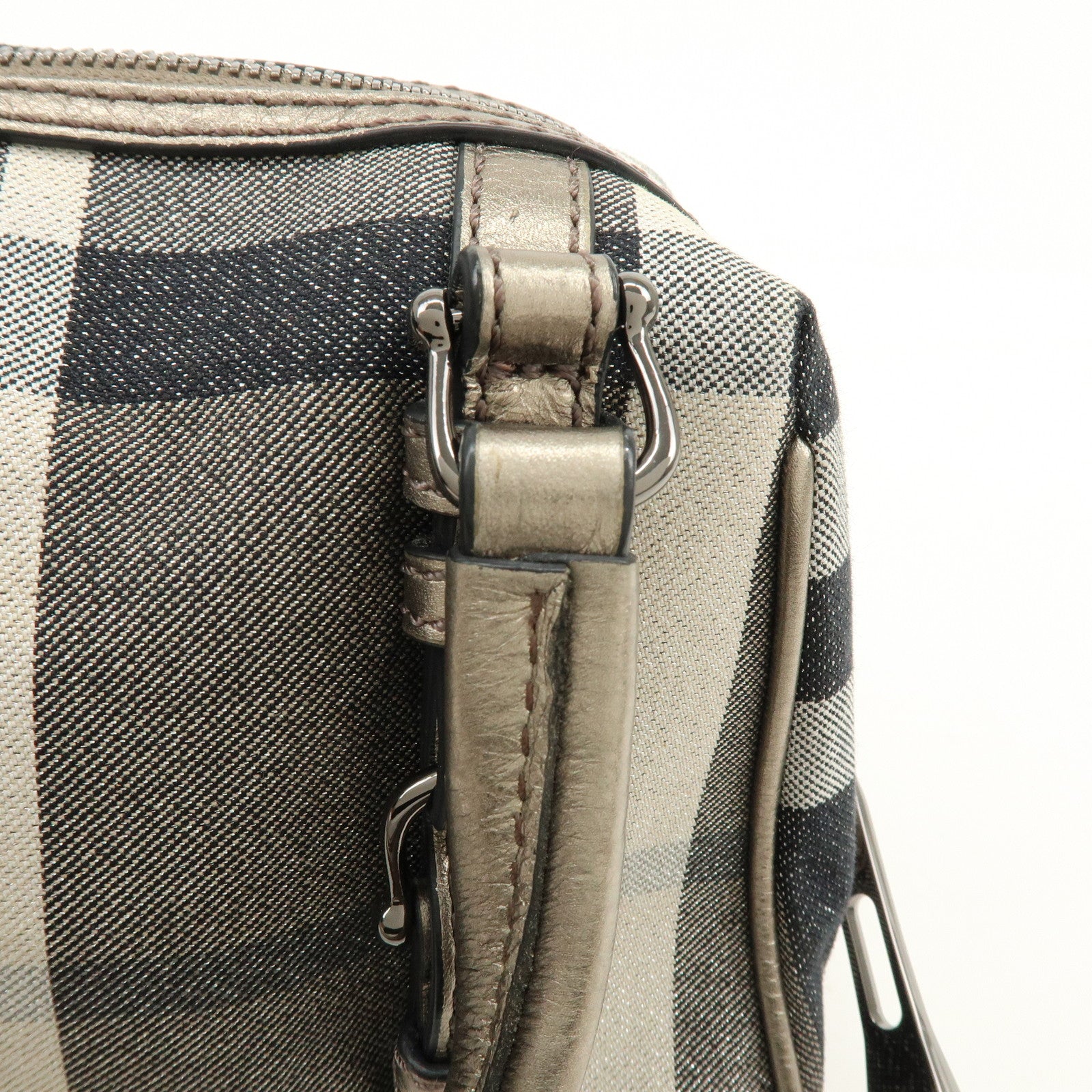 BURBERRY Plaid Canvas Leather Hand Bag Gray Champagne Gold