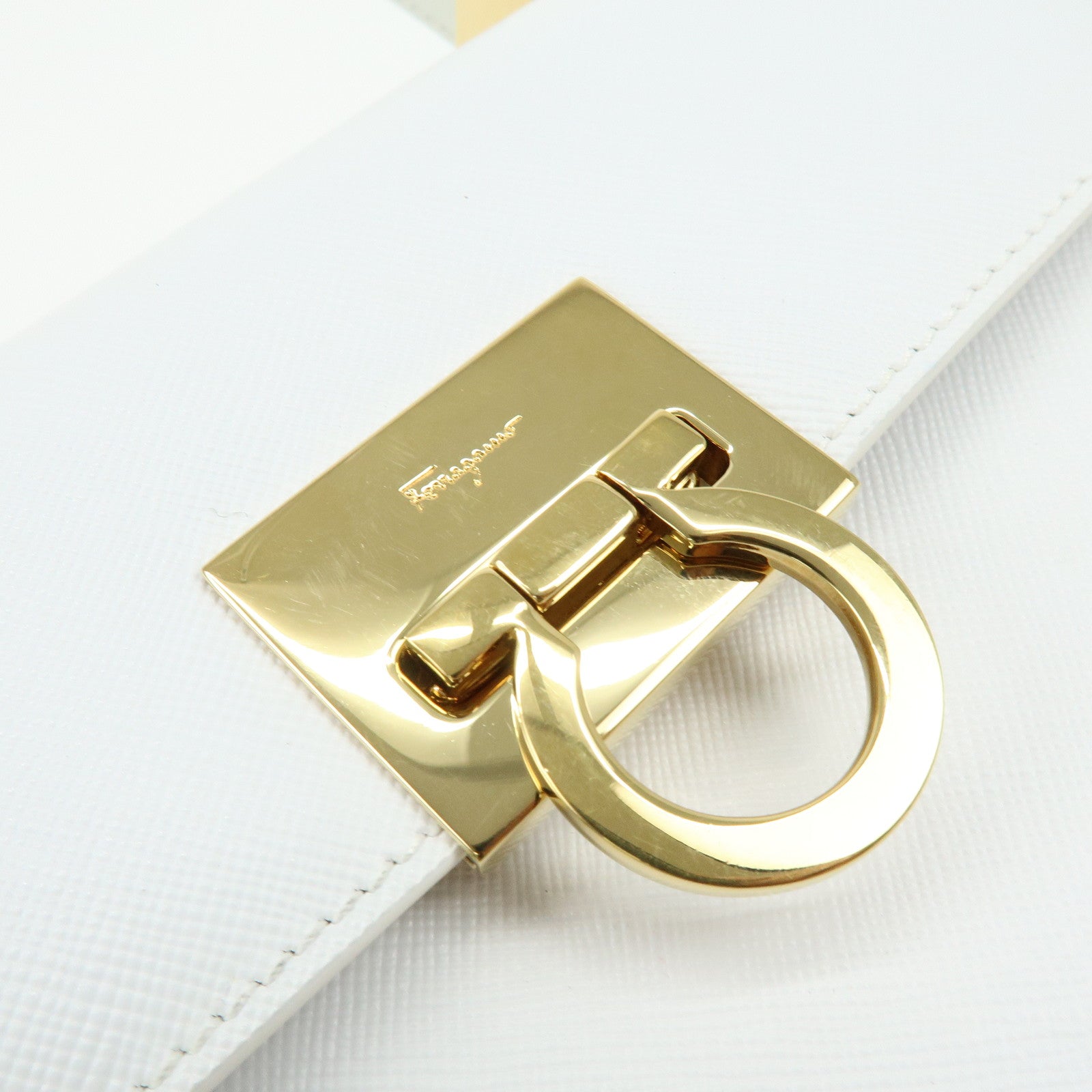 Ferragamo Gancini Leather 2Way Bag Hand Bag Shoulder Bag White