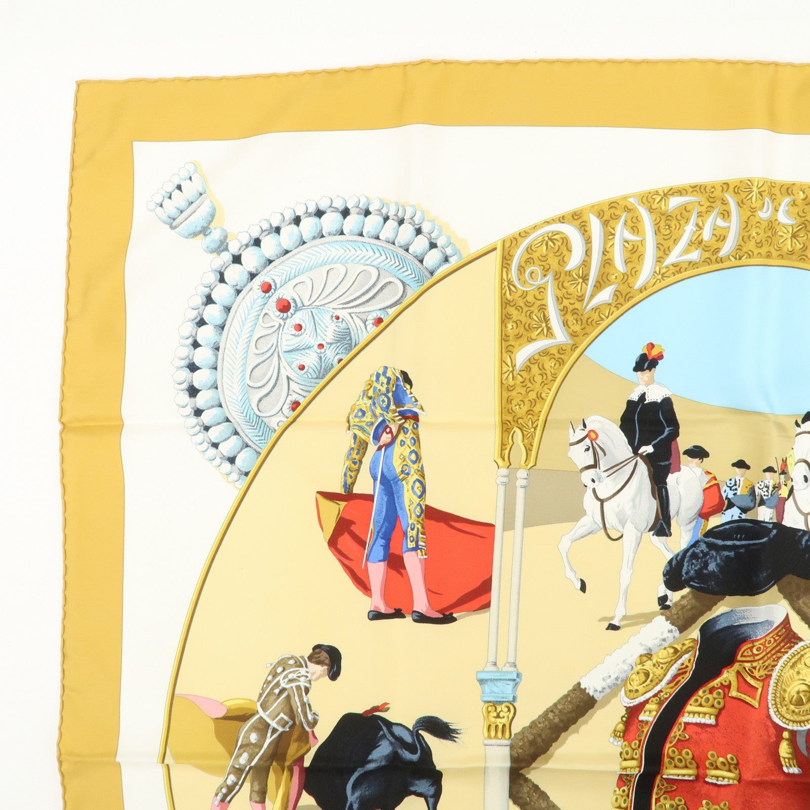 HERMES Carre 90 Silk 100% Scarf Plaza de Toros Bullring Gold Beige