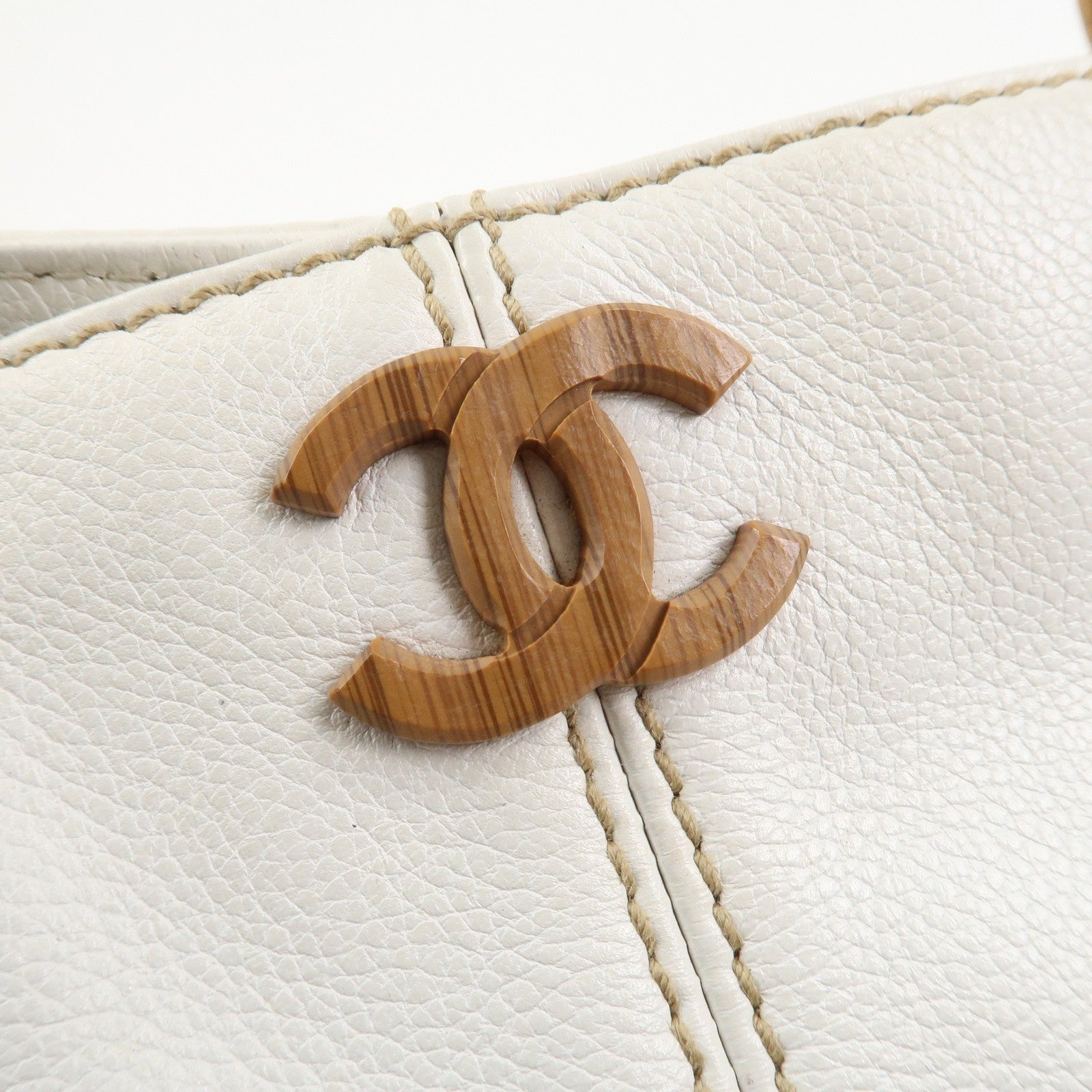 CHANEL COCO Mark Leather Wood Chain Shoulder Bag Off White 18MB096
