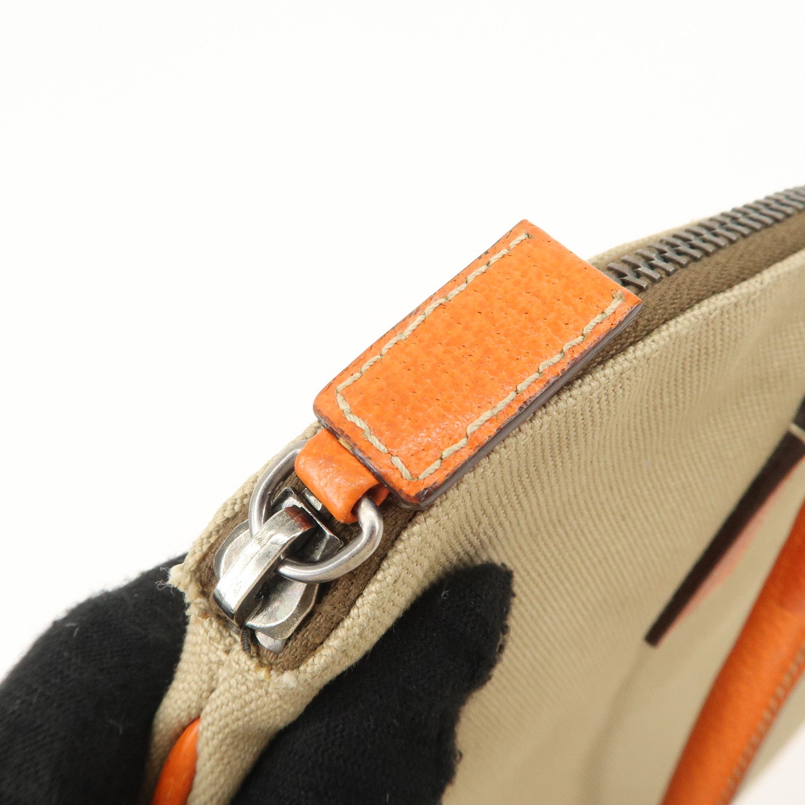 PRADA Triangle Logo Canvas Leather Shoulder Bag Orange Beige Used