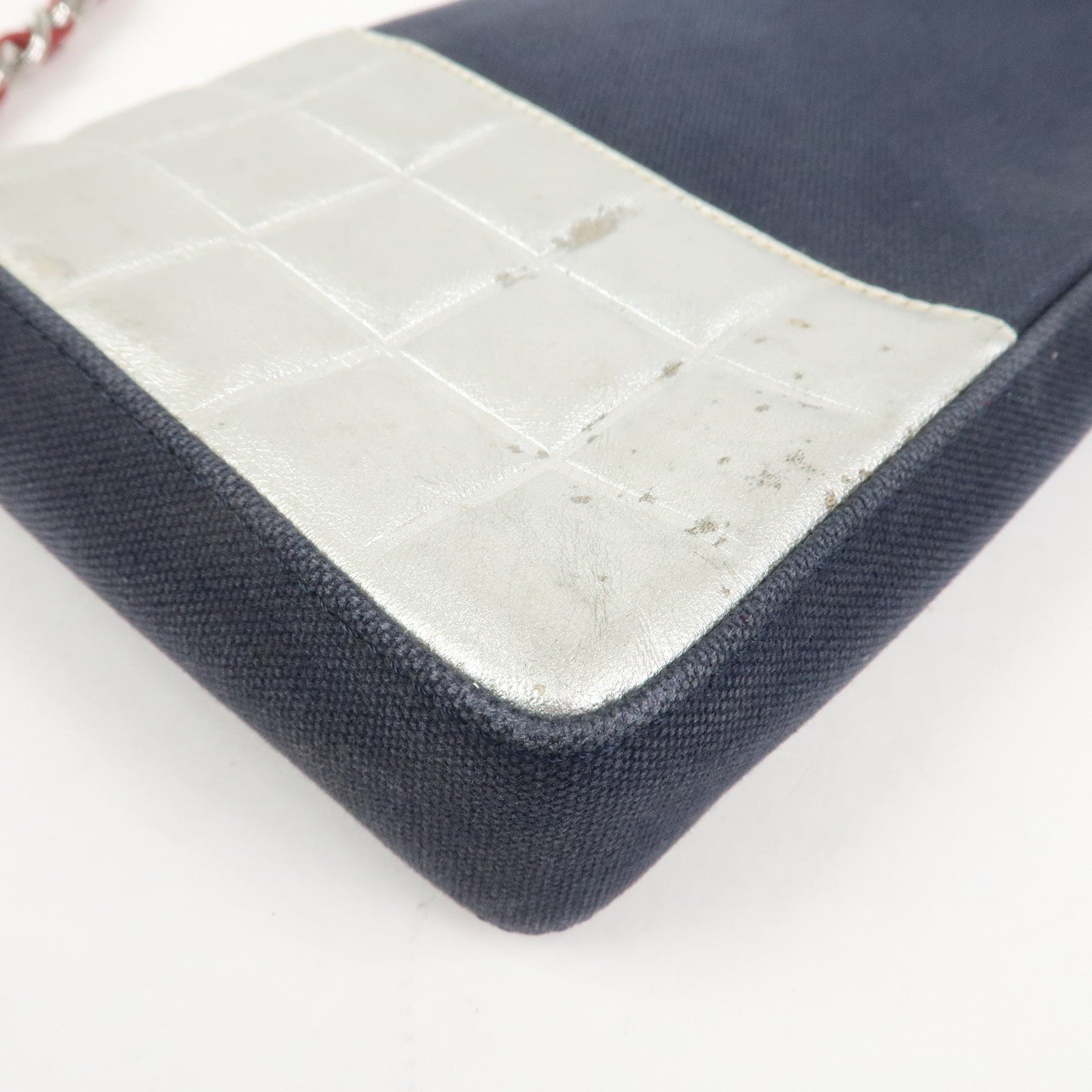 CHANEL No.5 Canvas Leather Chain Shoulder Bag Hand Bag Navy Silver