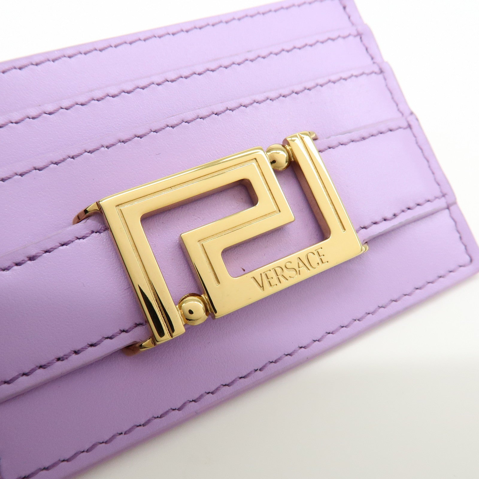 VERSACE Logo Leather Card Case Card Wallet Light Purple Gold