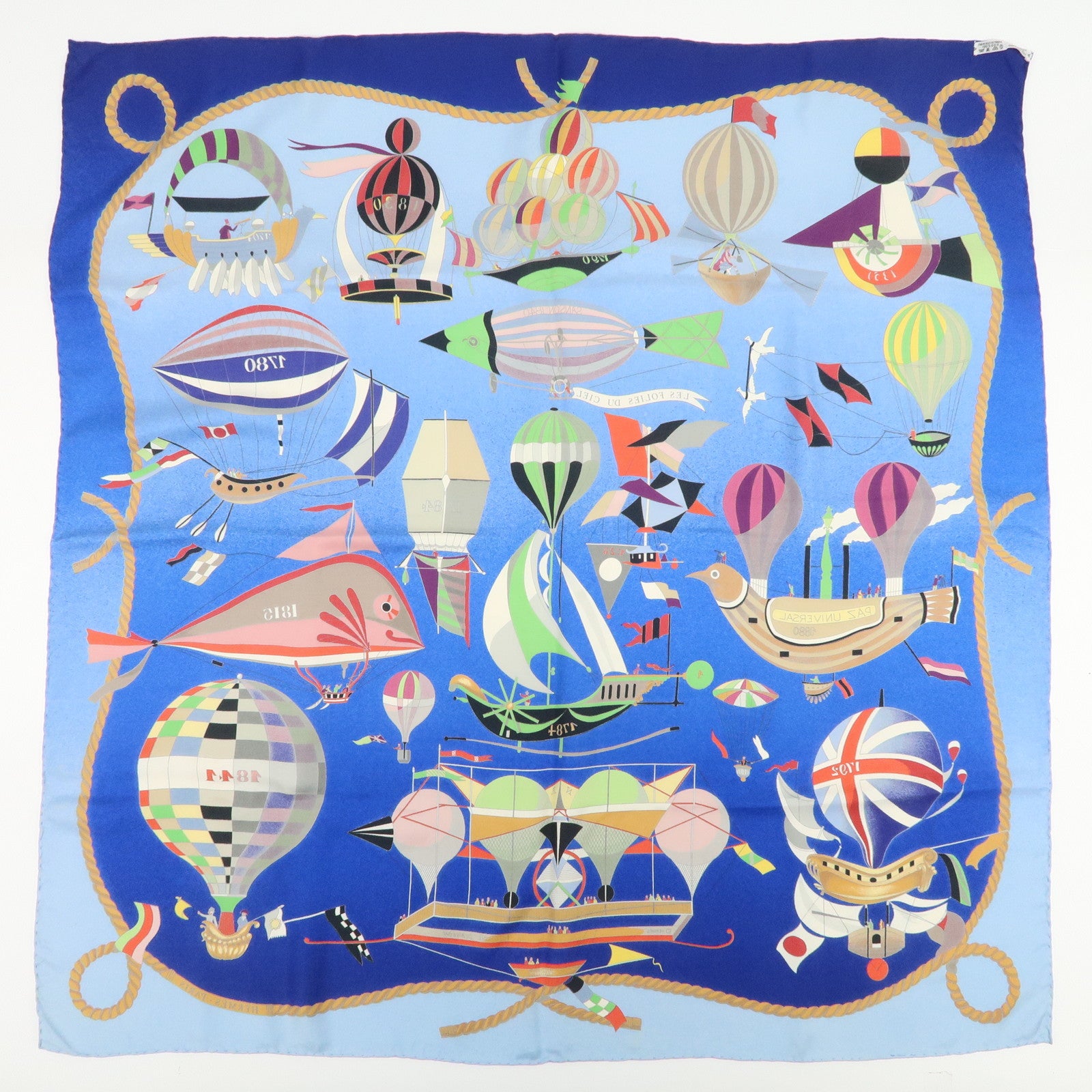 HERMES Carre 90 Silk 100% LES FOLIES DU CIEL Scarf Blue Multicolor