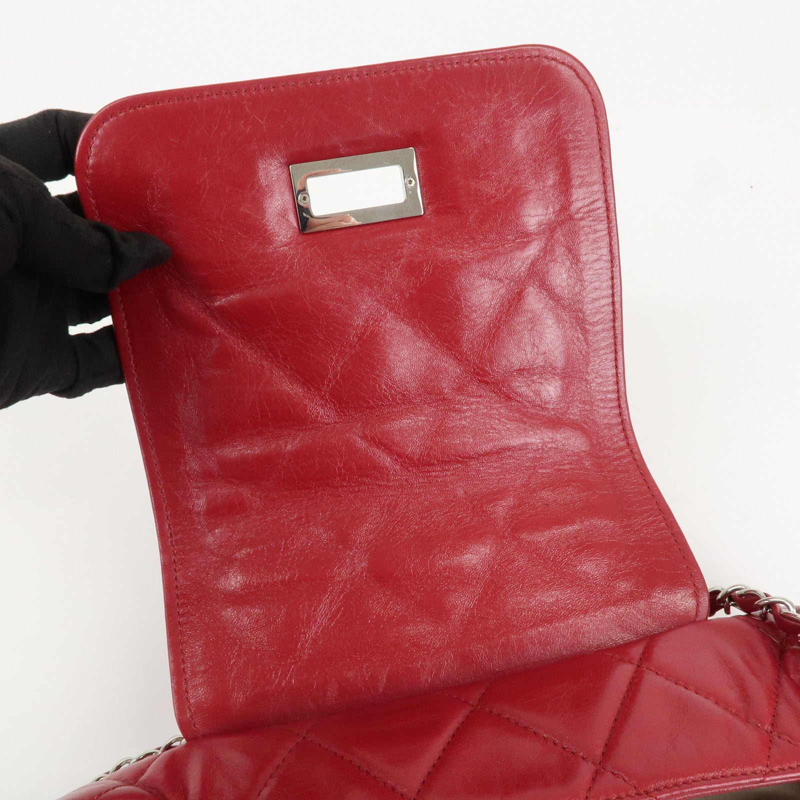 CHANEL 2.55 Lamb Skin Leather Chain Shoulder Bag Red Used
