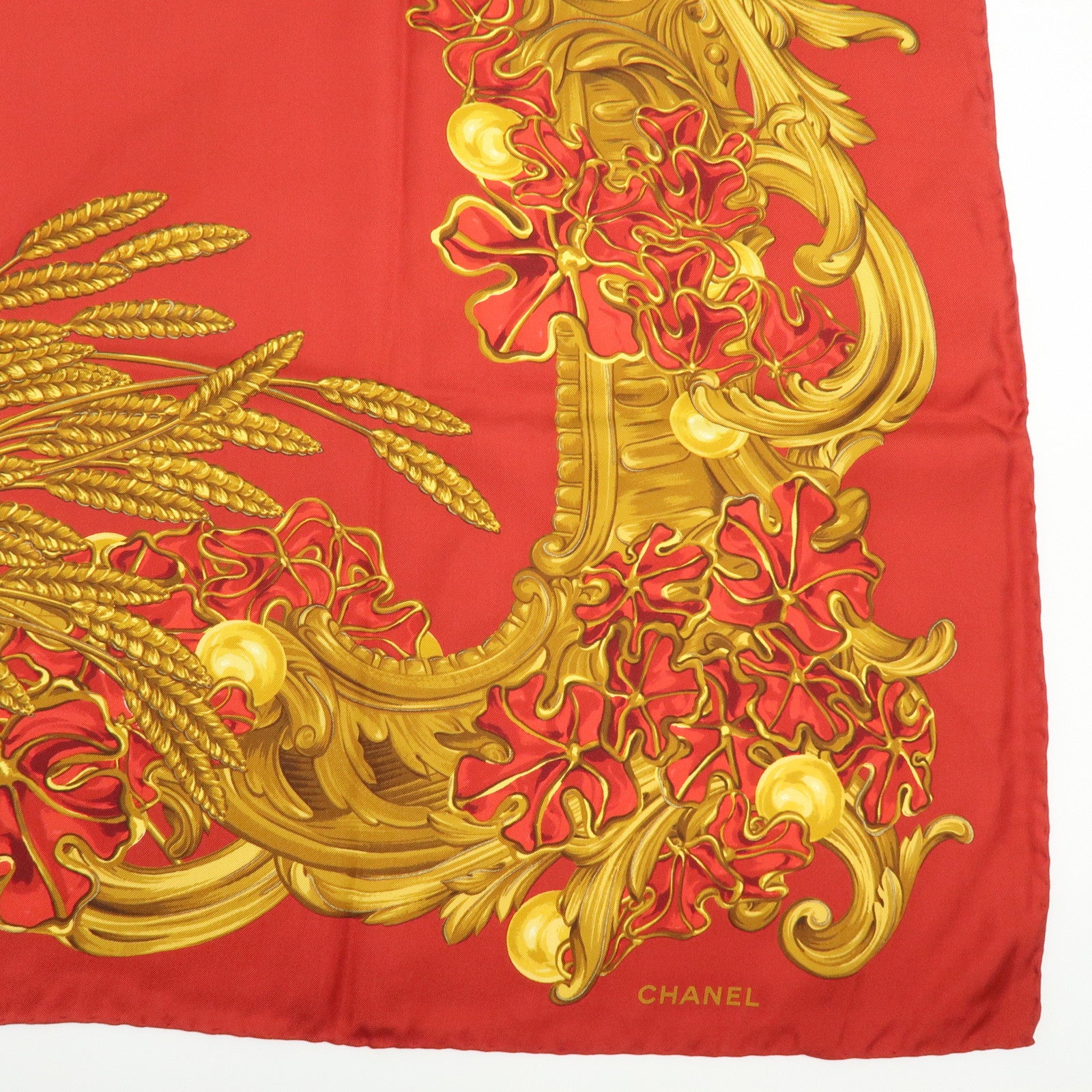 CHANEL Silk 100% Scarf Flower Motif Red Yellow