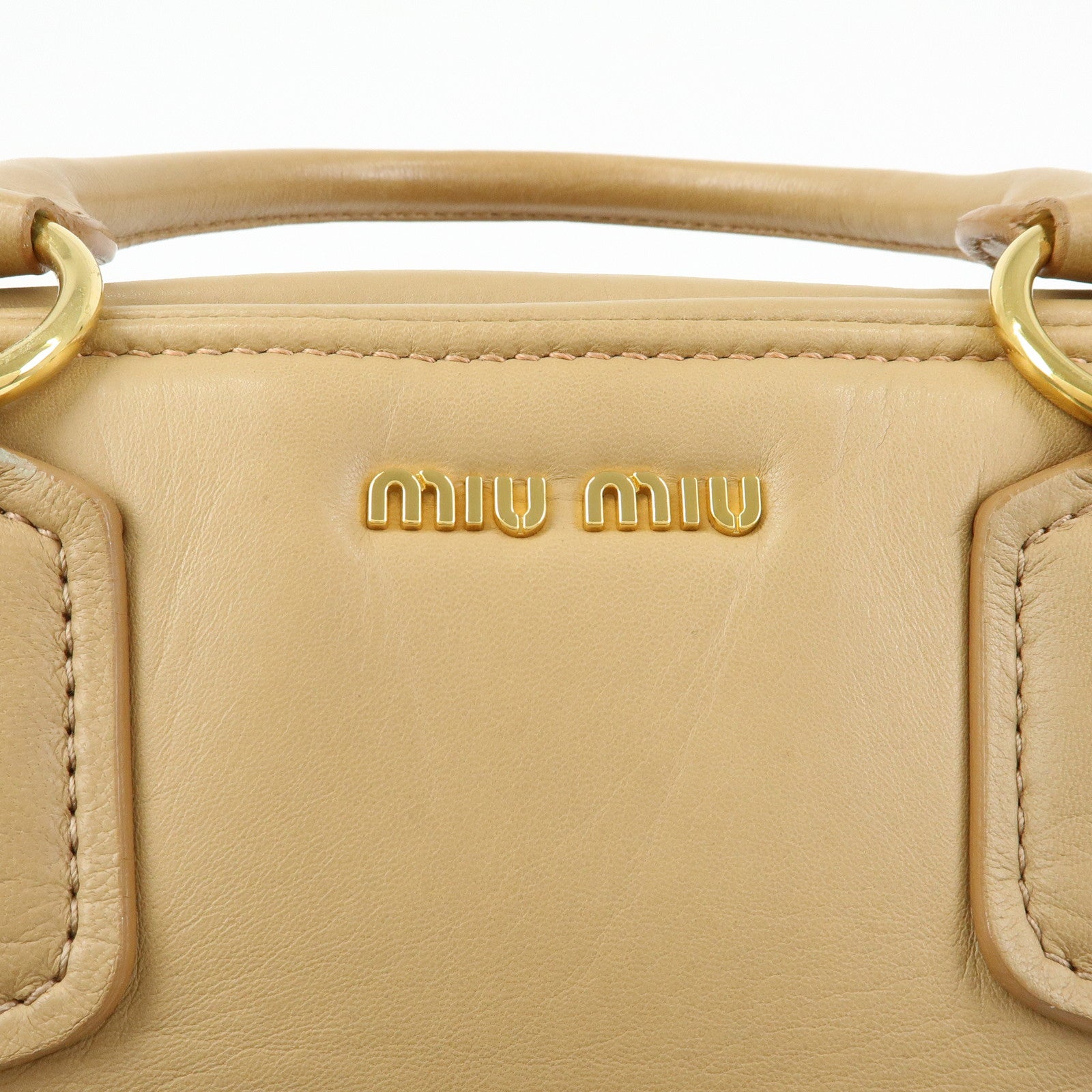 MIU MIU Logo Leather Hand Bag Boston Bag Beige