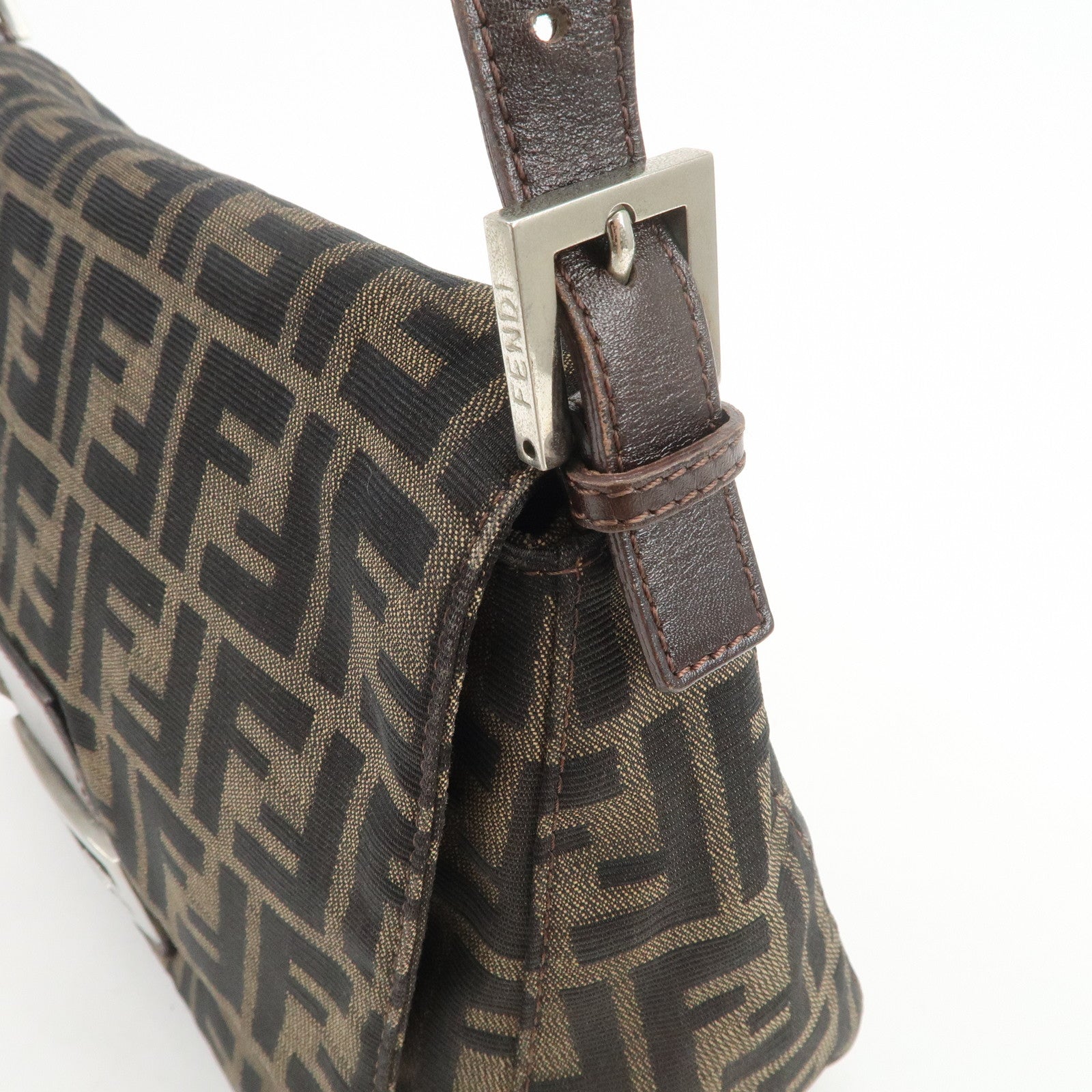 FENDI Mamma Baguette Zucca Canvas Leather Shoulder Bag Brown 26325