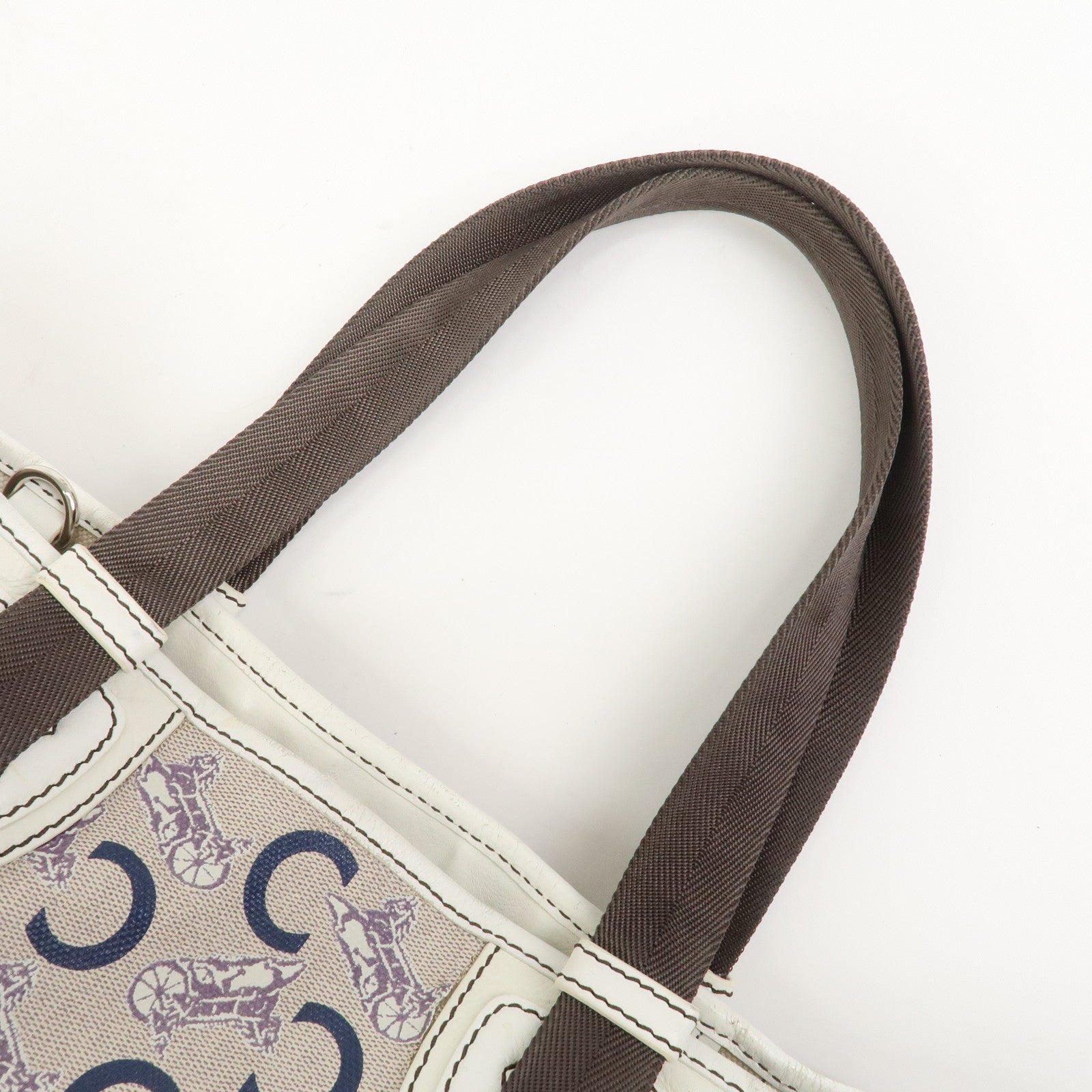 CELINE C Macadam PVC Canvas Leather Tote Bag Hand Bag Ivory Black