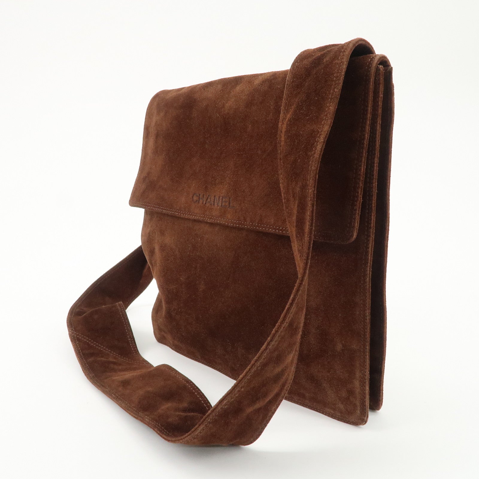 CHANEL Logo Suede Shoulder Bag Crossbody Bag Brown Used