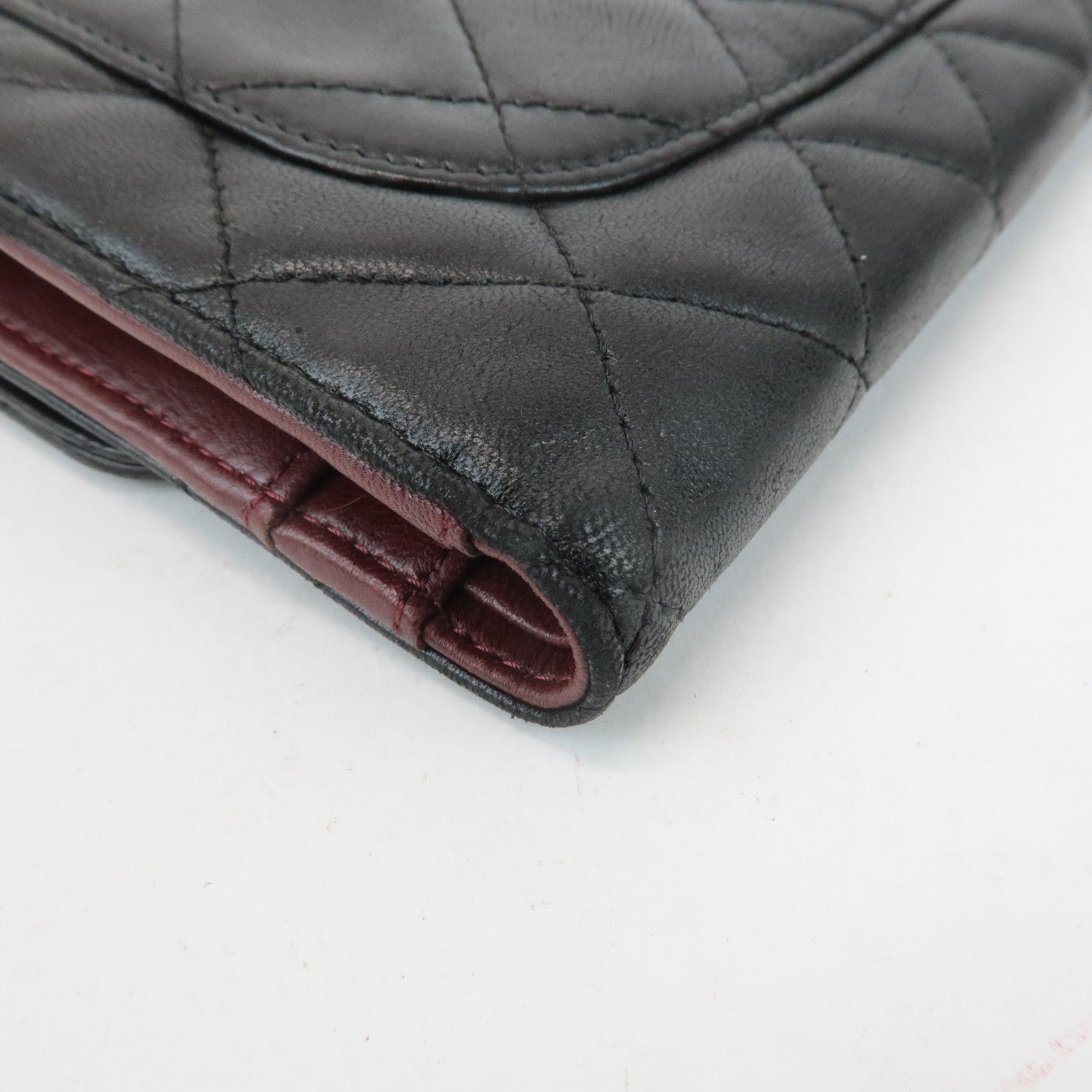 CHANEL Matelasse Lamb Skin Tri-Fold Long Wallet Black A31506 Used