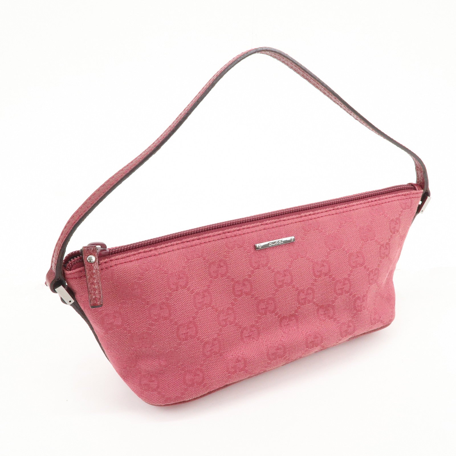 GUCCI Boat Bag GG Monogram Canvas Leather Hand Bag Pouch Pink 07198