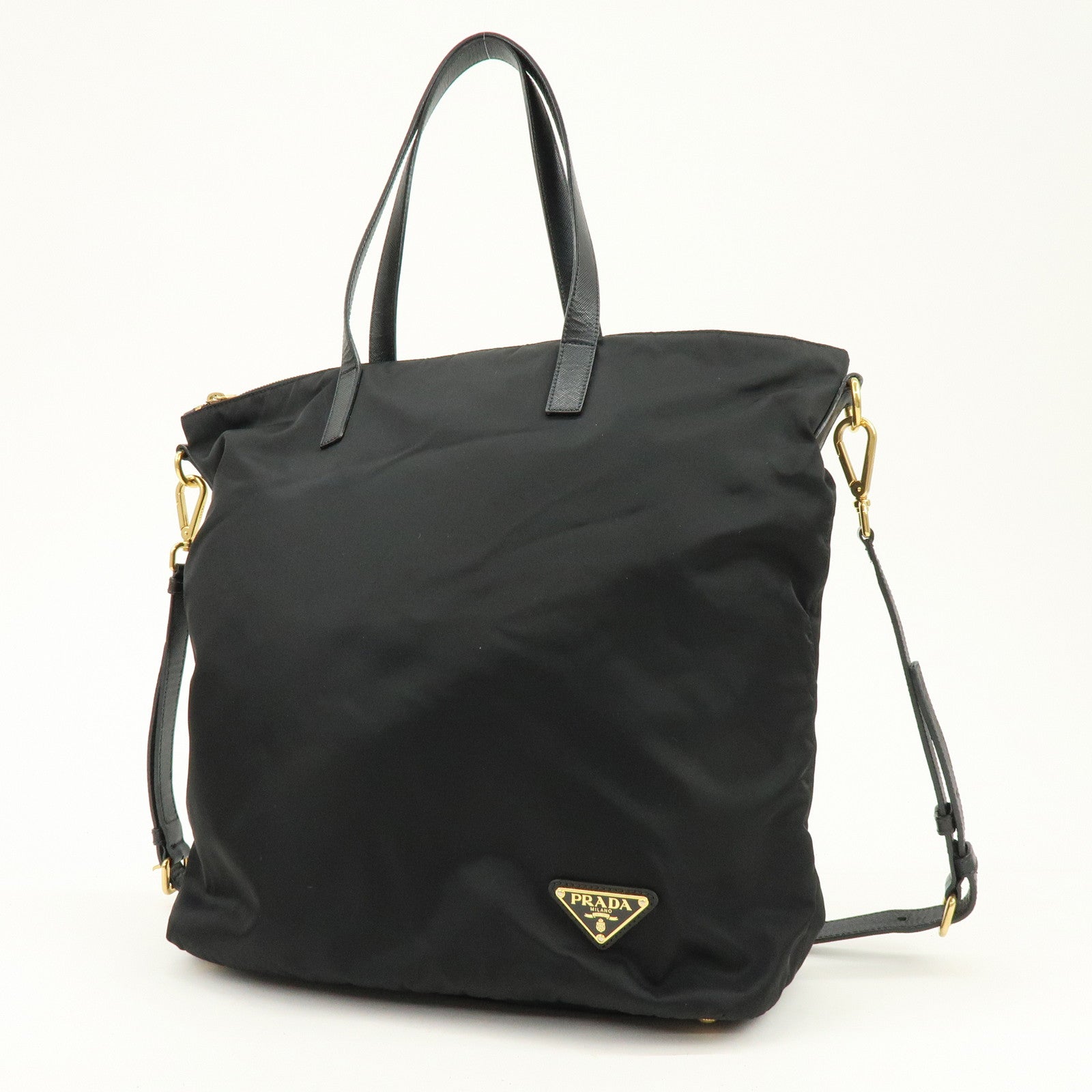 PRADA Triangle Logo Nylon Saffiano Leather 2Way Bag Hand Bag Black