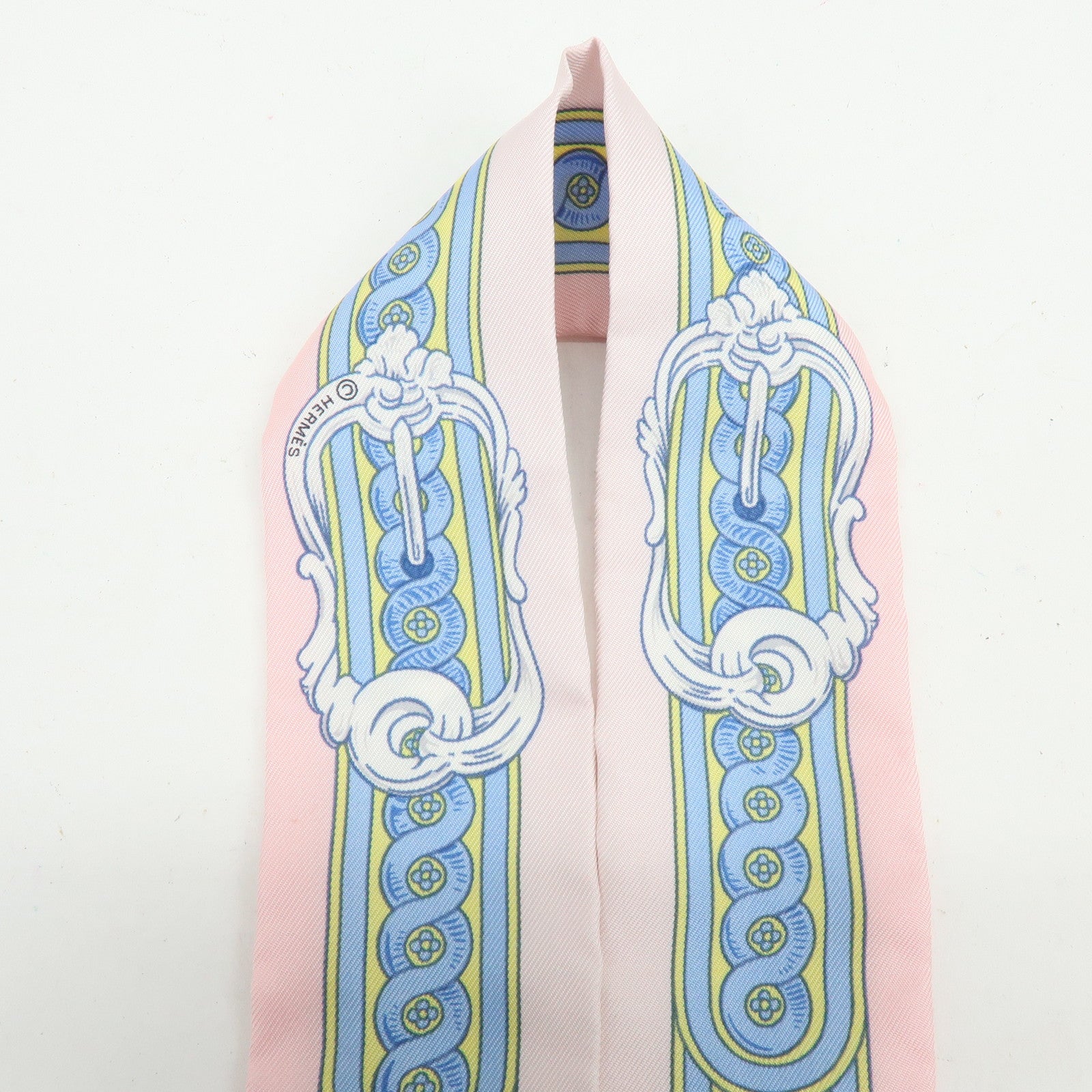 HERMES Silk 100% Twilly BRIDE DE COUR Pink Light Blue