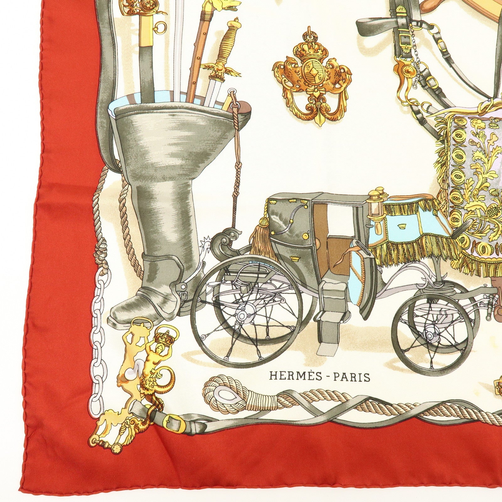 HERMES Carre 90 Silk 100% Scarf MUSEE Museum Print Red Beige