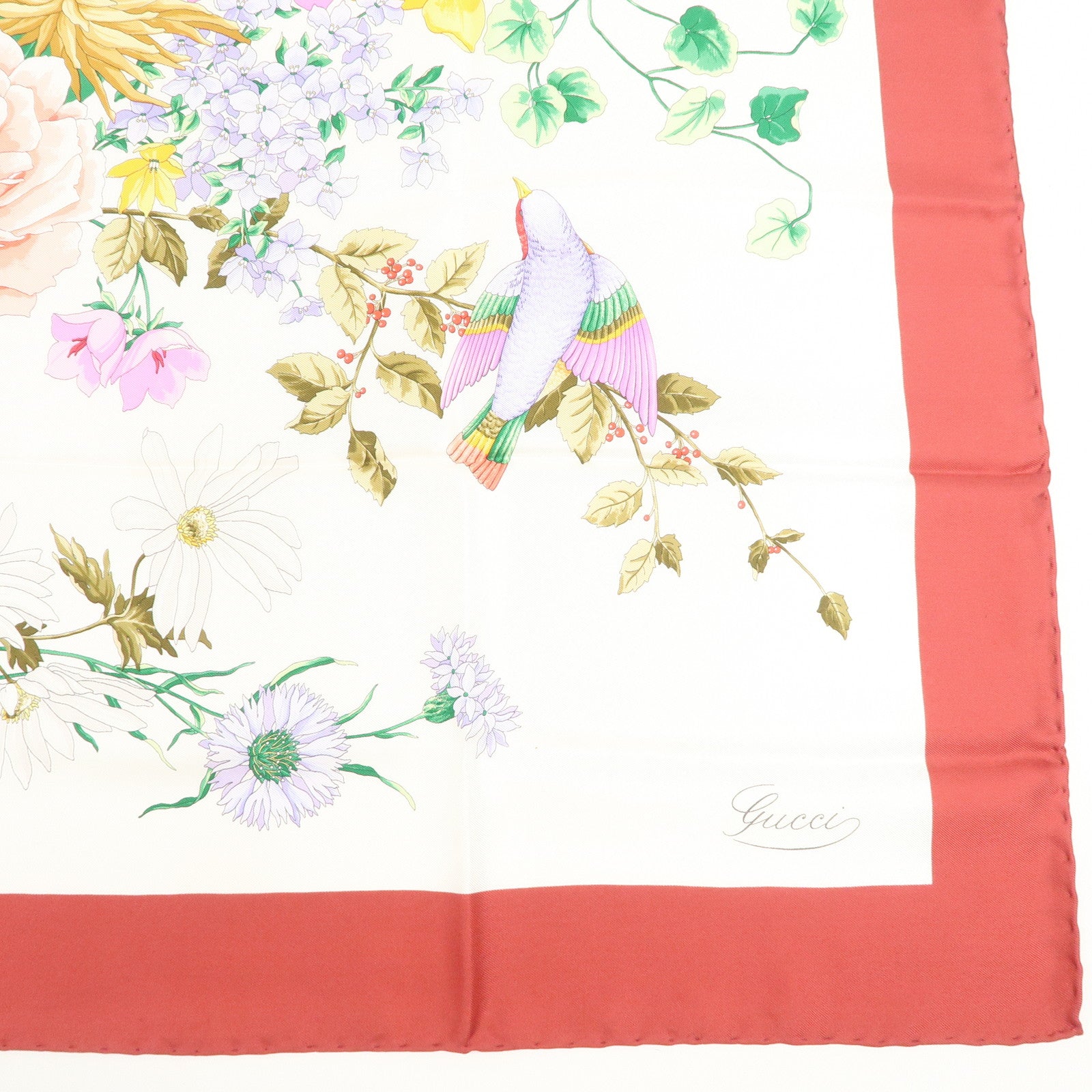 GUCCI Logo Silk 100% Scarf Red Flora Multicolor