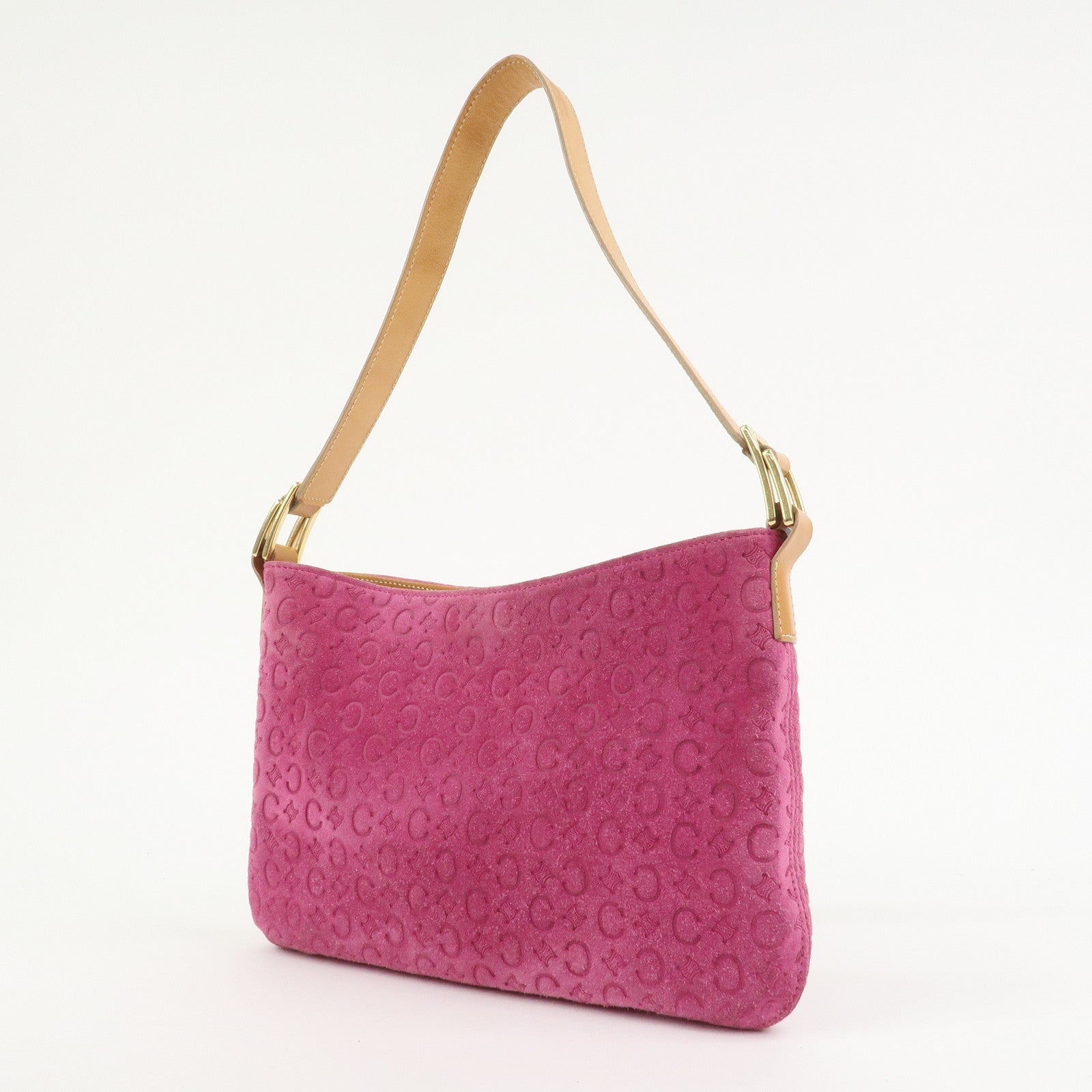 CELINE C Macadam Suede Leather Shoulder Bag Pink Light Brown