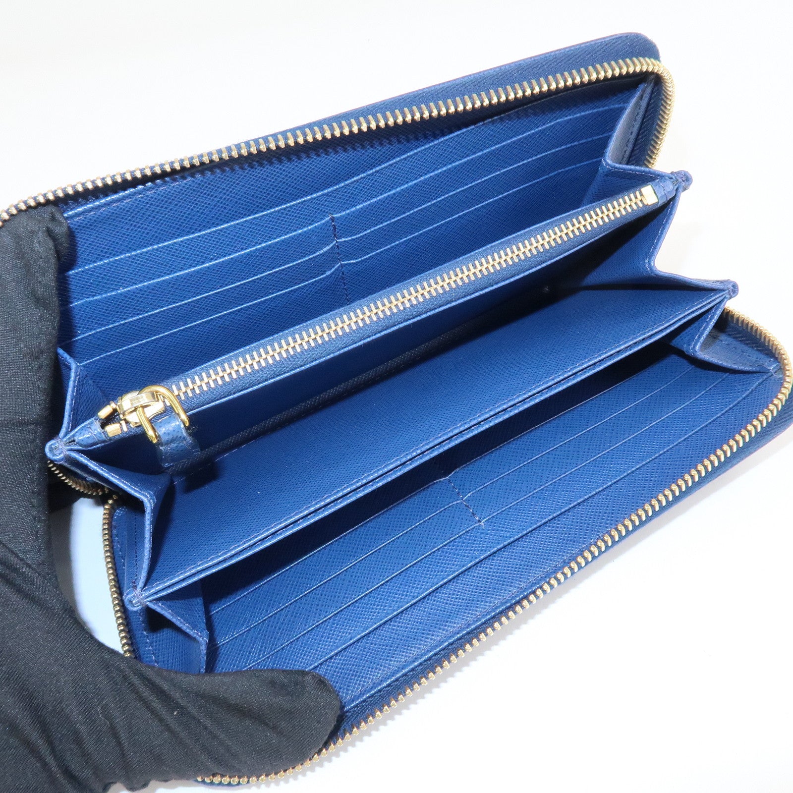 PRADA Triangle Logo Saffiano Leather Zippy Long Wallet Navy 1ML506