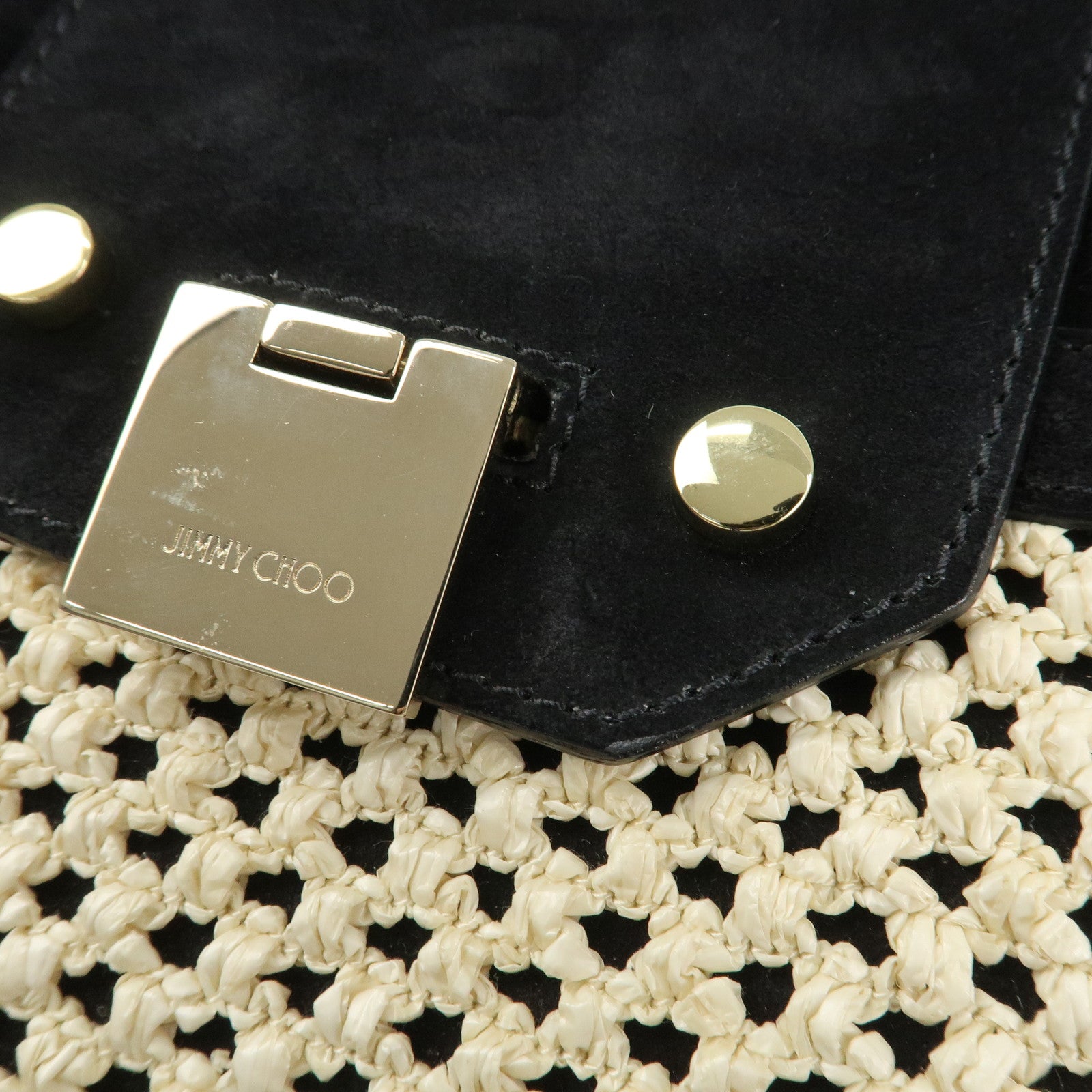 JIMMY CHOO Leather Suede Straw 2WAY Hand Bag Shoulder Bag Black Used