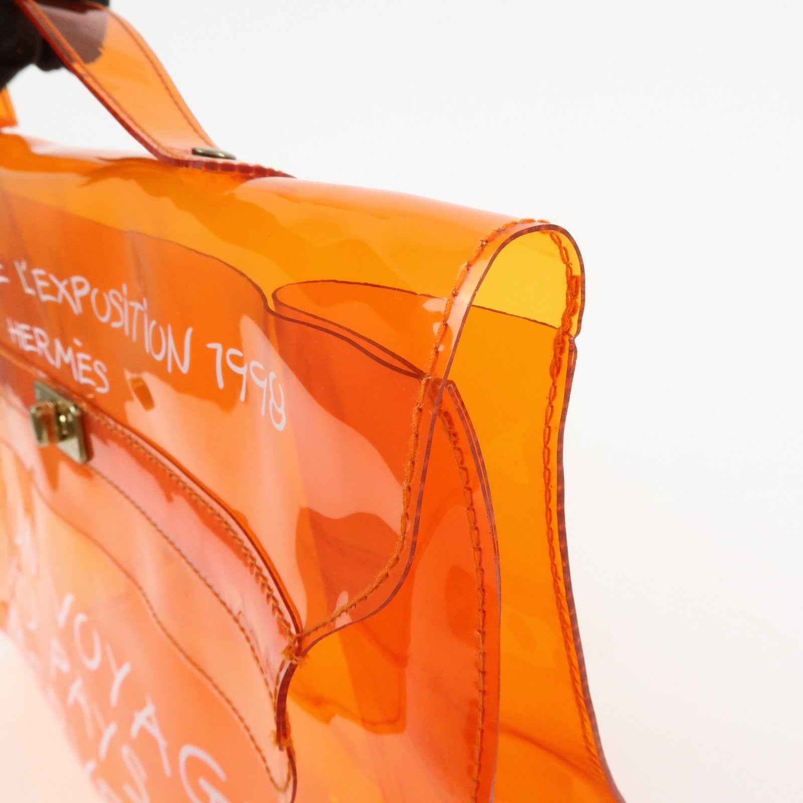 HERMES Kelly Vinyl Hand Bag Clear Transparent Orange