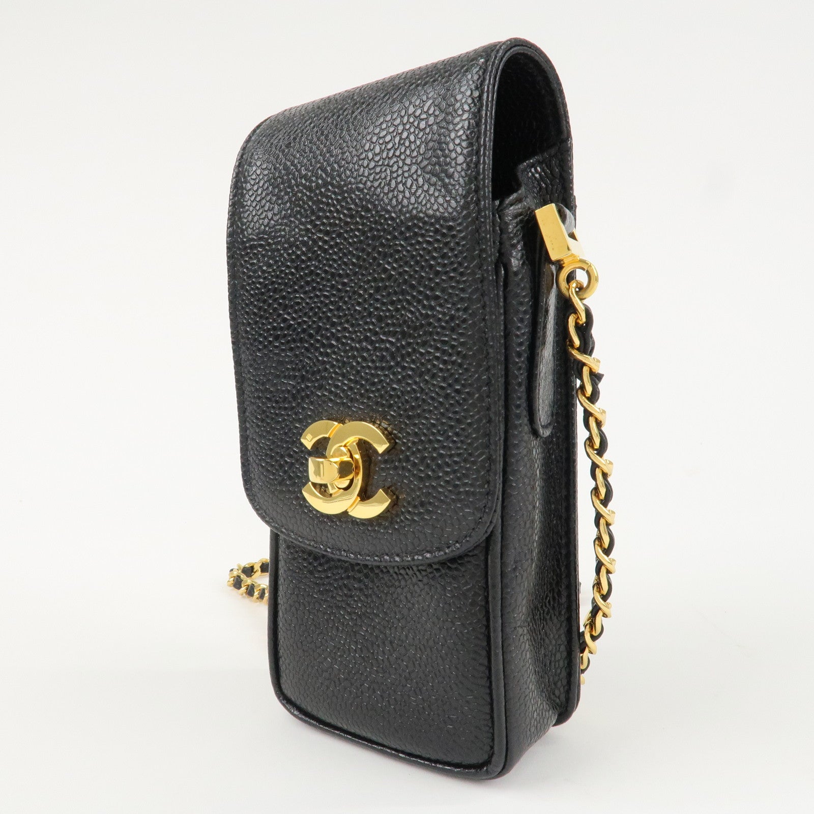 CHANEL COCO Mark Leather Chain Phone Shoulder Black Gold HDW3513453 Used